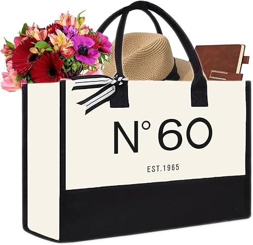 QLSKO Bolsa de lona de regalo de cumpleaños número 60 para mujeres, N60 EST.1964, bolsa de playa de recuerdo para fiesta de 60 años, regalo de