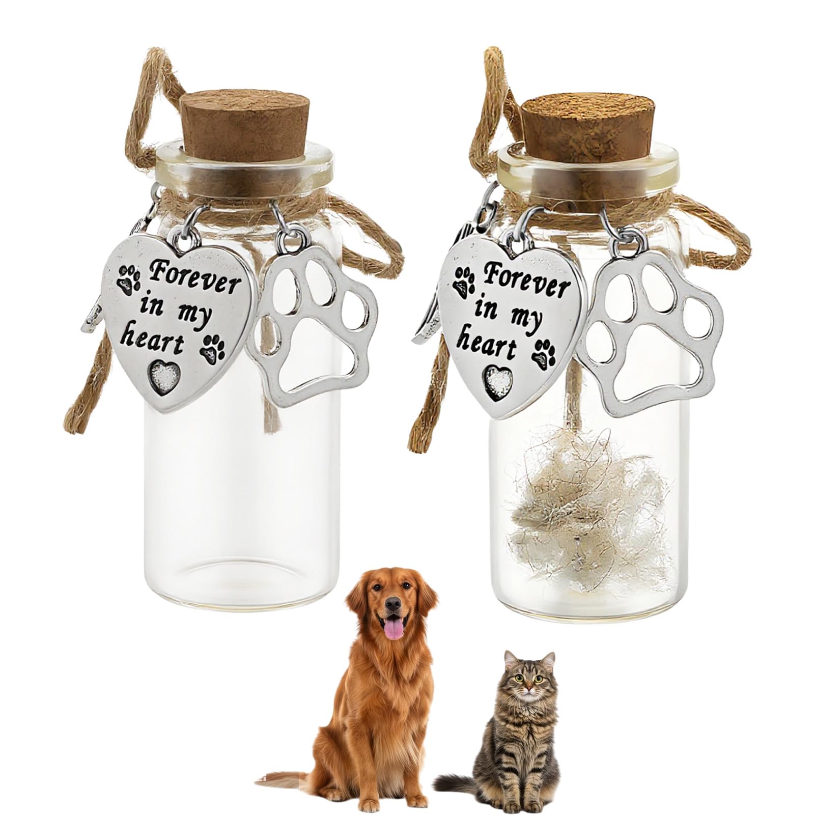 NICENEEDED 2PCS Pet Hair Glass Memorial Bottle, Wishing Bottle with Heart Pendants and Cork Stopper, Dog Cat Glass Tube Keepsake Memorial Urn Pet Vial Remembrance Gift for Pet Ashes Hair