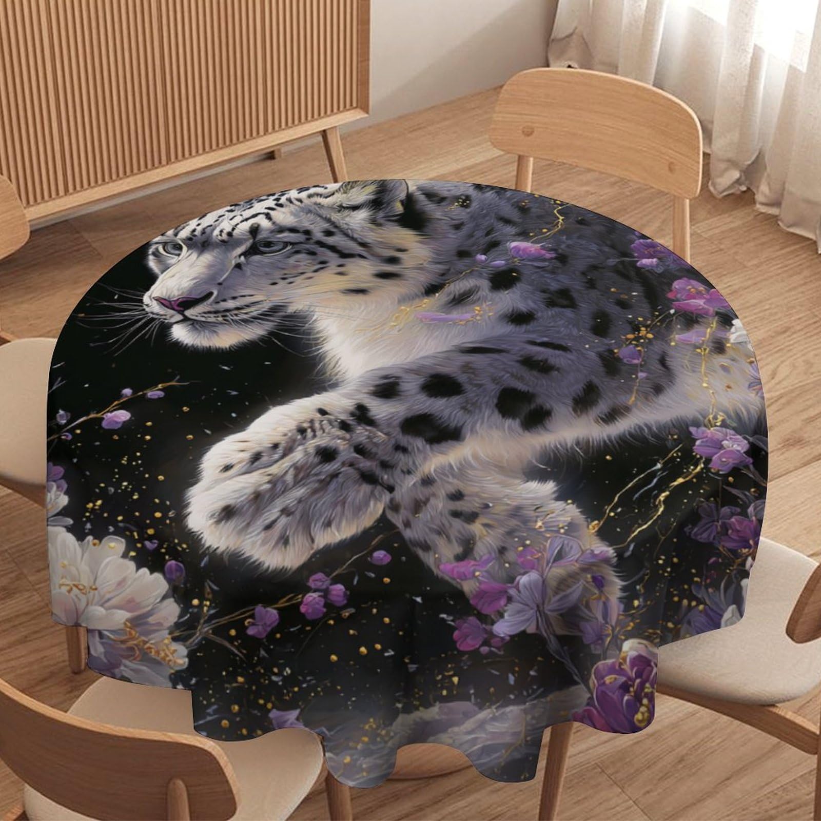 LUYYSKY Cool Realistic Snow Leopard Round Tablecloth Vintage Abstract Animal Leopard Purple Lily Flowers Washable Decor for Table Cover for Kitchen-177.8" Wx177.8 L cm