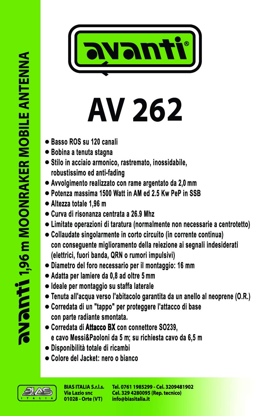 AVANTI 262,KIT ANTENNA CB 262 +CAVO HYPERFLEX 5 M&P+ATTACCO BX (bianco)