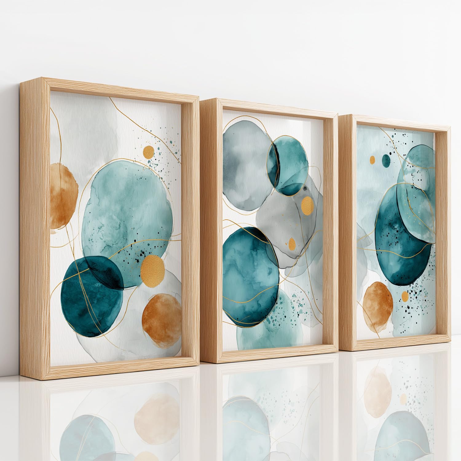 3er Set Wandbild Leinwand, Abstract Watercolour HD-Druck Poster auf Leinwand Wandkunst, Luxus Exquisit Gold Dunkles Petrol Rund Punktmuster Wanddeko für Wohnzimmer Schlafzimmer und Büro, 50 x 70 cm