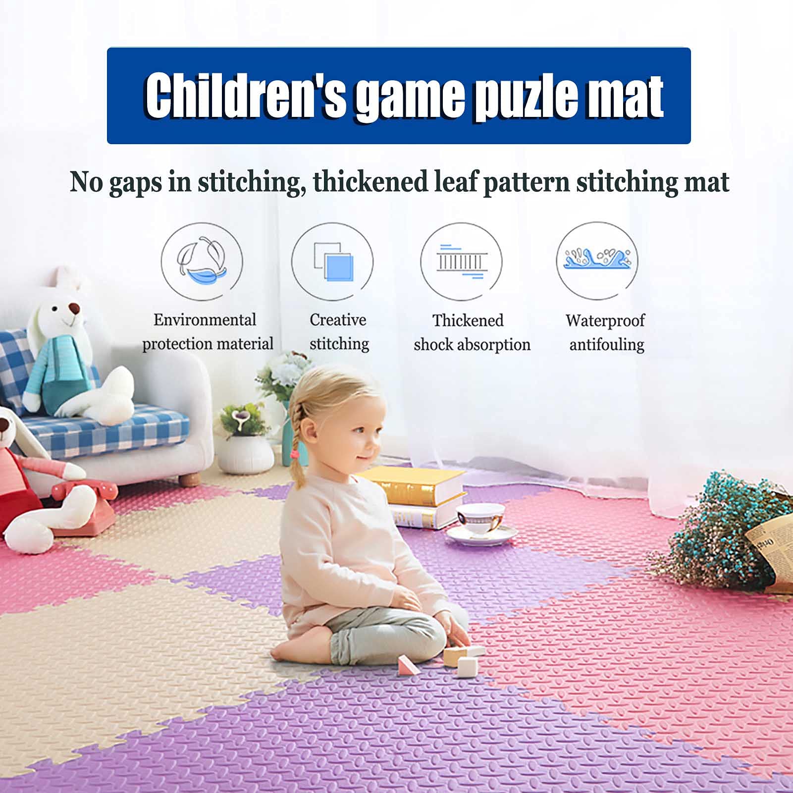 Kinder Weiche Eva-Schaum-Spielmatte, Baby-Boden-Puzzle-Fliesen-Set für Wohnzimmer Garten Yoga-Übungs-Gym - Perfekte Heimtextilien,White+Dark Blue,32