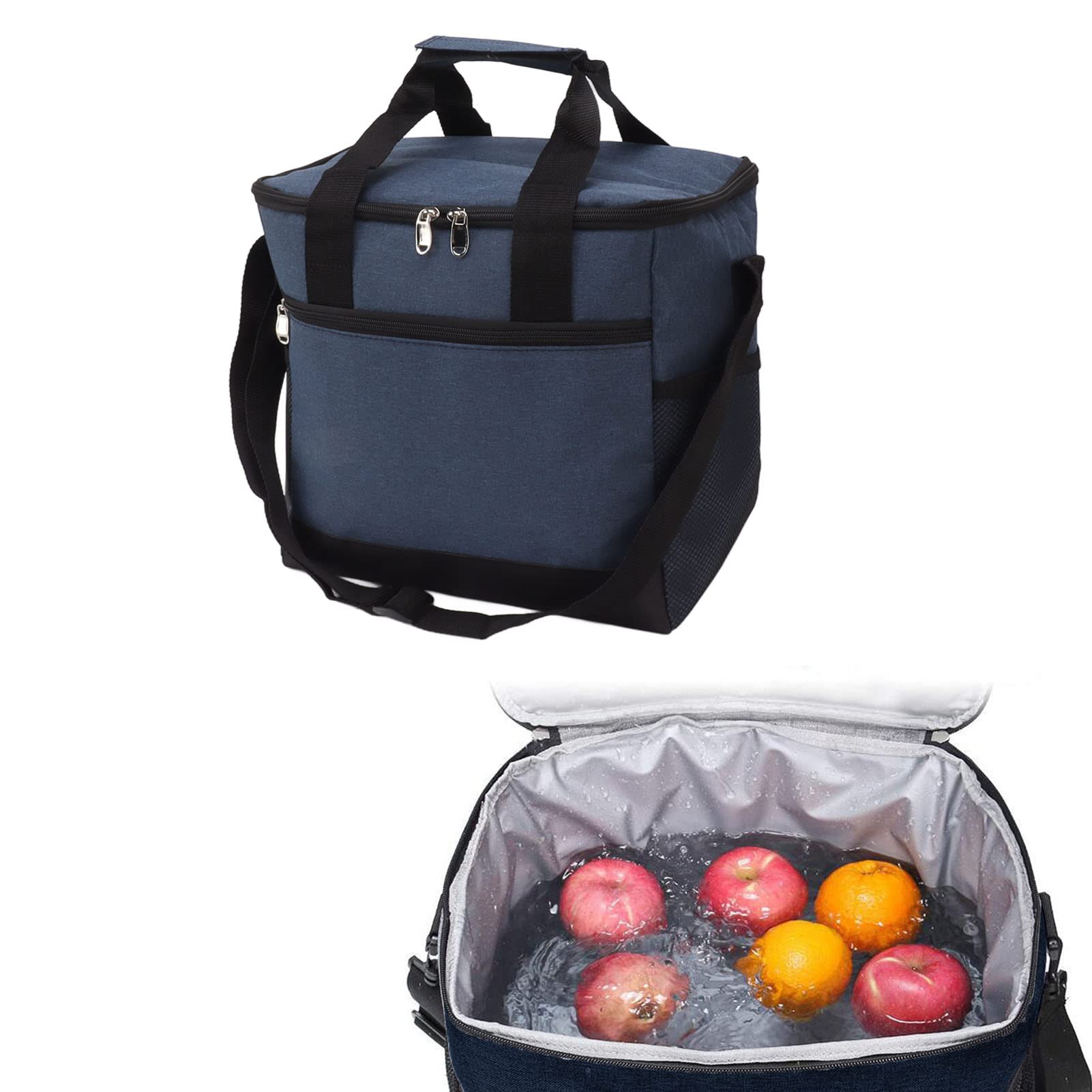 Bolsa Térmica Plegable, Bolsa Térmica Aislante de Tela Oxford de 15 L con Forro de PEVA, Diseño a Prueba de Fugas, Correa Ajustable, Bolsillo Frontal para Picnic, Playa, Camping, Oficina,