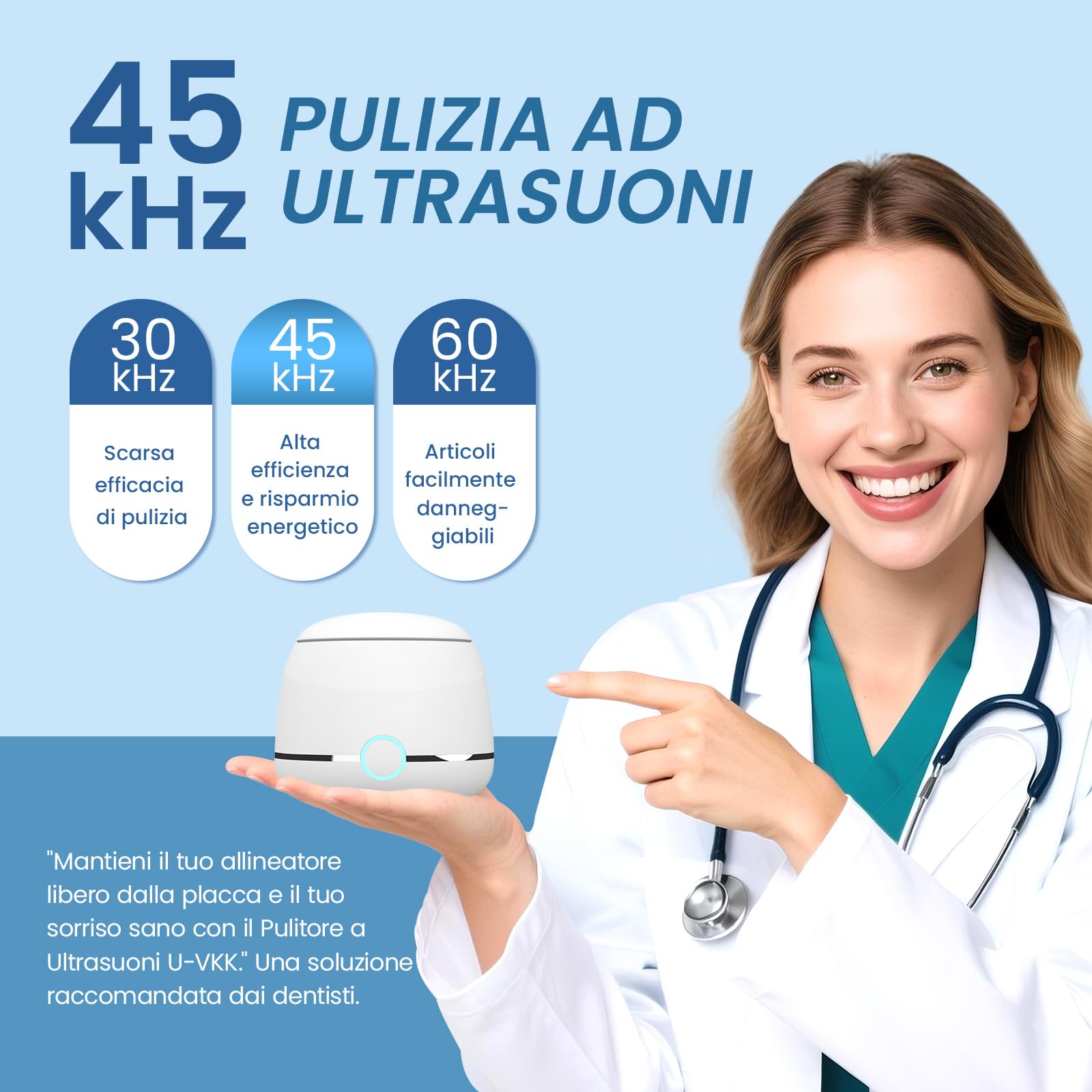 Pulitore Ultrasuoni, U-VKK pulitore ultrasuoni apparecchio denti da 45000 Hz, 2 modalità, Adatto per la pulizia di apparecchi ortodontici, testine di spazzolini da denti, gioielli, ecc