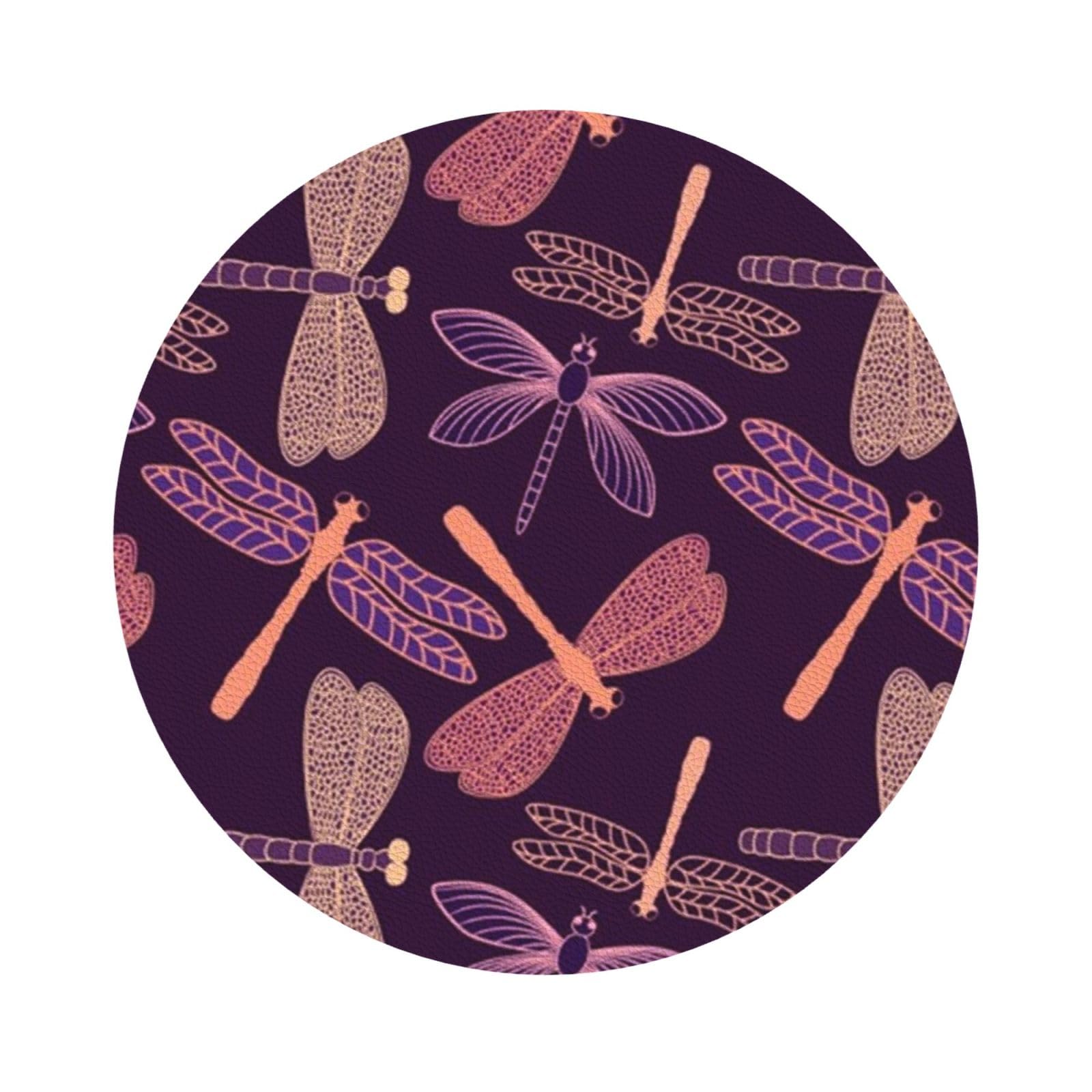 purple dragonfly PU Leather Coasters Set of 6 Round Drink Coasters
