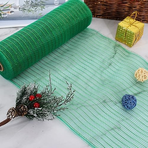 Miniatura 6 de TONIFUL 3 rollos de cintas de malla decorativas verdeblancoamarillo de 10 pulgadas, malla de tela con papel de aluminio para árbol, hogar, coronas,