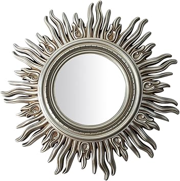 Round Frame Sunburst Decorative Wall Mirror for Living Room, Home Decor,Entryway,Bedroom for Hanging and Wall DecorAntique Silver