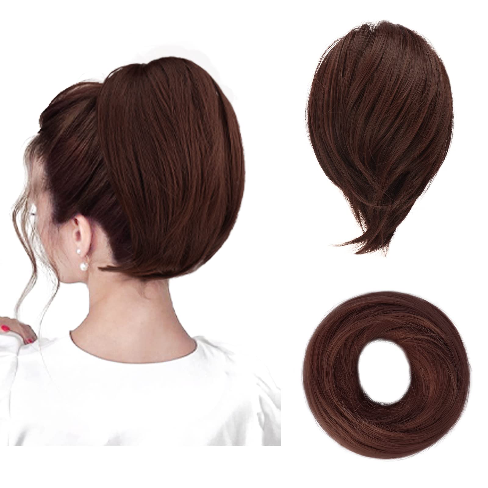 BARSDAR Chestnut Hair Bun Extensions - Synthetic Fully Short Straight Ponytail Hair Bun Extensions for Women - Elastic Messy Hair Bun Scrunchies