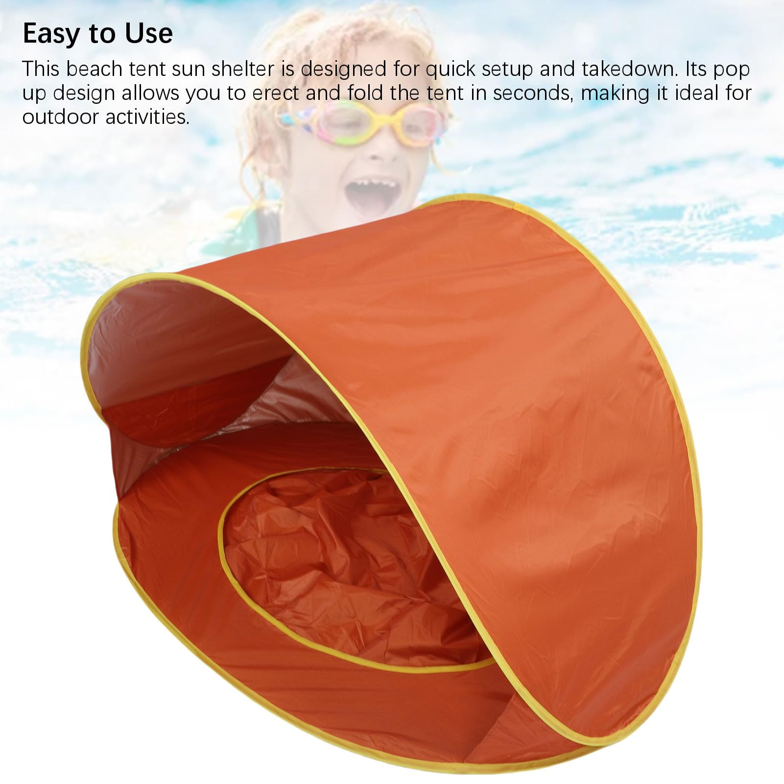 Denash Tente de Plage Pop-up, Protection Solaire UV50 +, Coupe-Vent, Abri de Plage Portable pour bébé avec Poches de Rangement Internes et Piscine pour bébé Intégrée, pour Camping en (Orange)