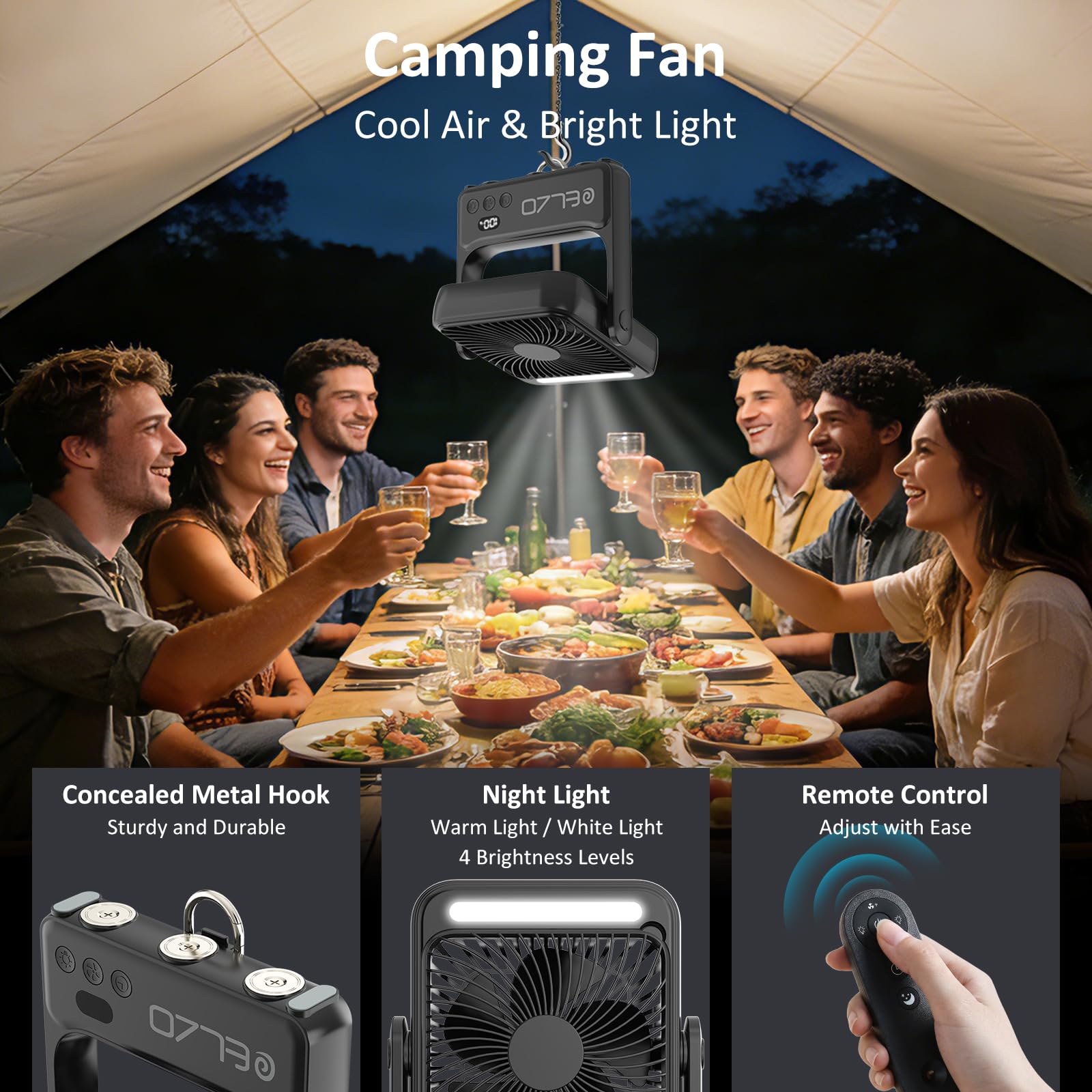Ventilatore da viaggio magnetico ELZO da 10000 mAh per cabina di nave da crociera con luce notturna, portatile ricaricabile aggiornato, 4 velocità con gancio, essenziali approvati per crociera 2026