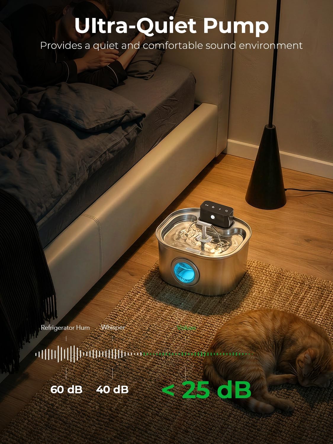 Voluas Stainless Steel Wireless Cat Water Fountain: 3.2L/108oz 3-Modes Pet Drinking Fountain Indoor Cordless Motion Sensor with Pet Water Dispenser Bowl with Water Level Window, BPA-Free, 4Filter
