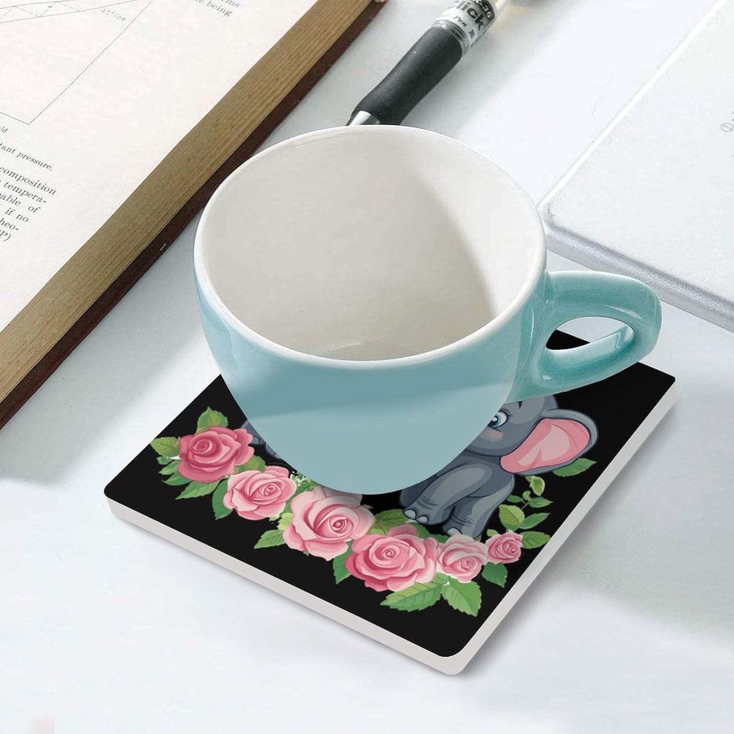 Elephant Ceramic Coasters Set Square Drink Coasters Table Coaster for Kitchen Desktop Decor