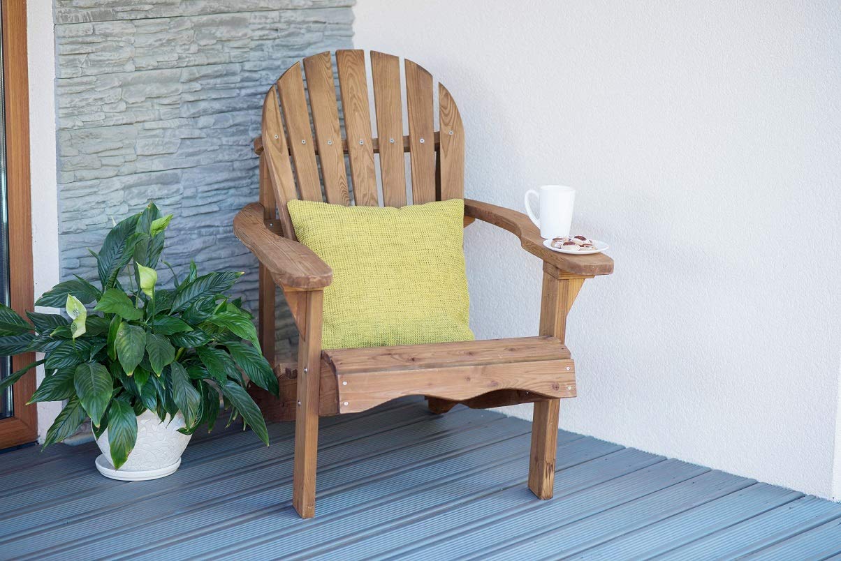 NATIV Chaise de jardin à dossier haut marron | Fauteuil de jardin en bois massif | Design dans le style d'une chaise Adirondack | Fauteuil de jardin relaxant avec larges étagères | Fauteuil