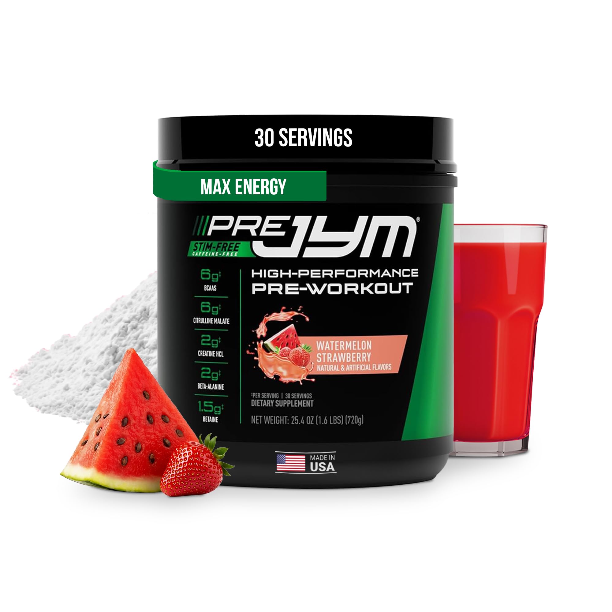 Pre JYM Stim Free Watermelon Strawberry Pre-Workout Powder, Creatine, No Caffeine, Citrulline, Betaine, BCAA's, Taurine, Alpha-GPC, Huperzine, 30 Servings
