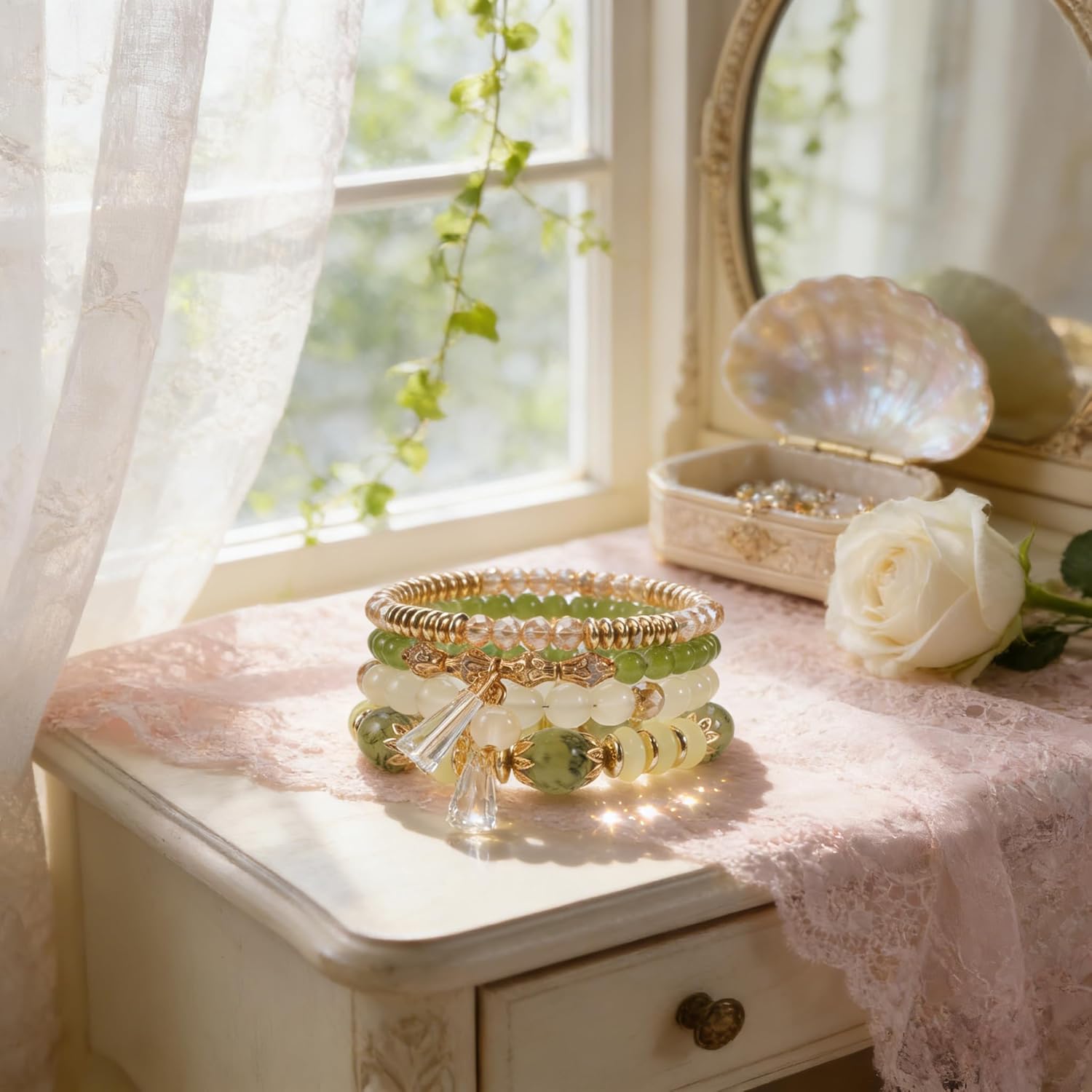 Bohemian Bracelet Sets for Women - 4-Pack Stackable Stretch Bead Bracelets with Black&White Crystal & Gold Accessories, Multi-Layer Boho Jewelry for Holiday Gift - Image 2