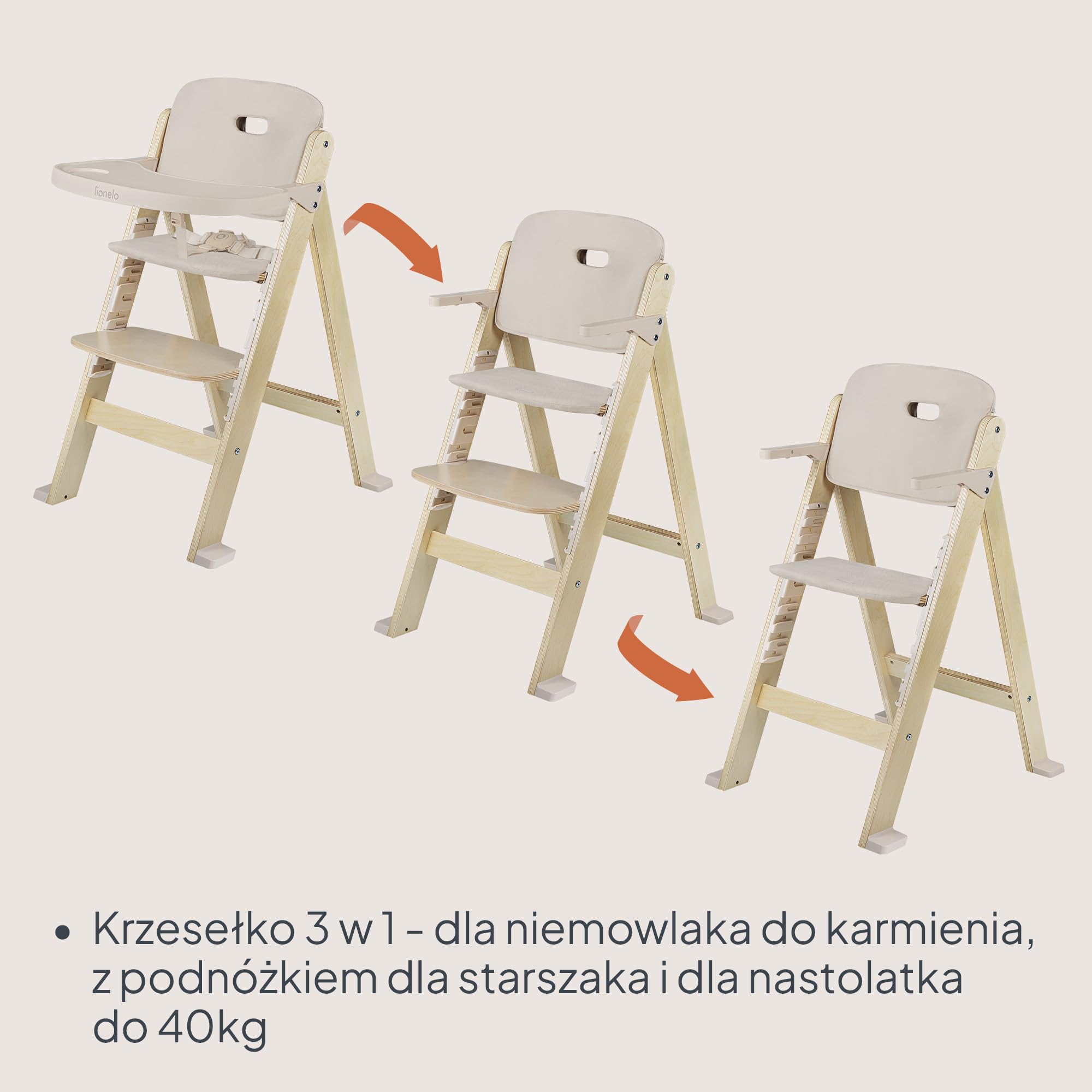 LIONELO Floris Krzesło 3 w 1 z drewna brzozowego | Wyjmowana taca do mycia naczyń, wysokość i podnóżek regulowana w 4 pozycjach, 5-punktowe bezpieczeństwo, styl skandynawski