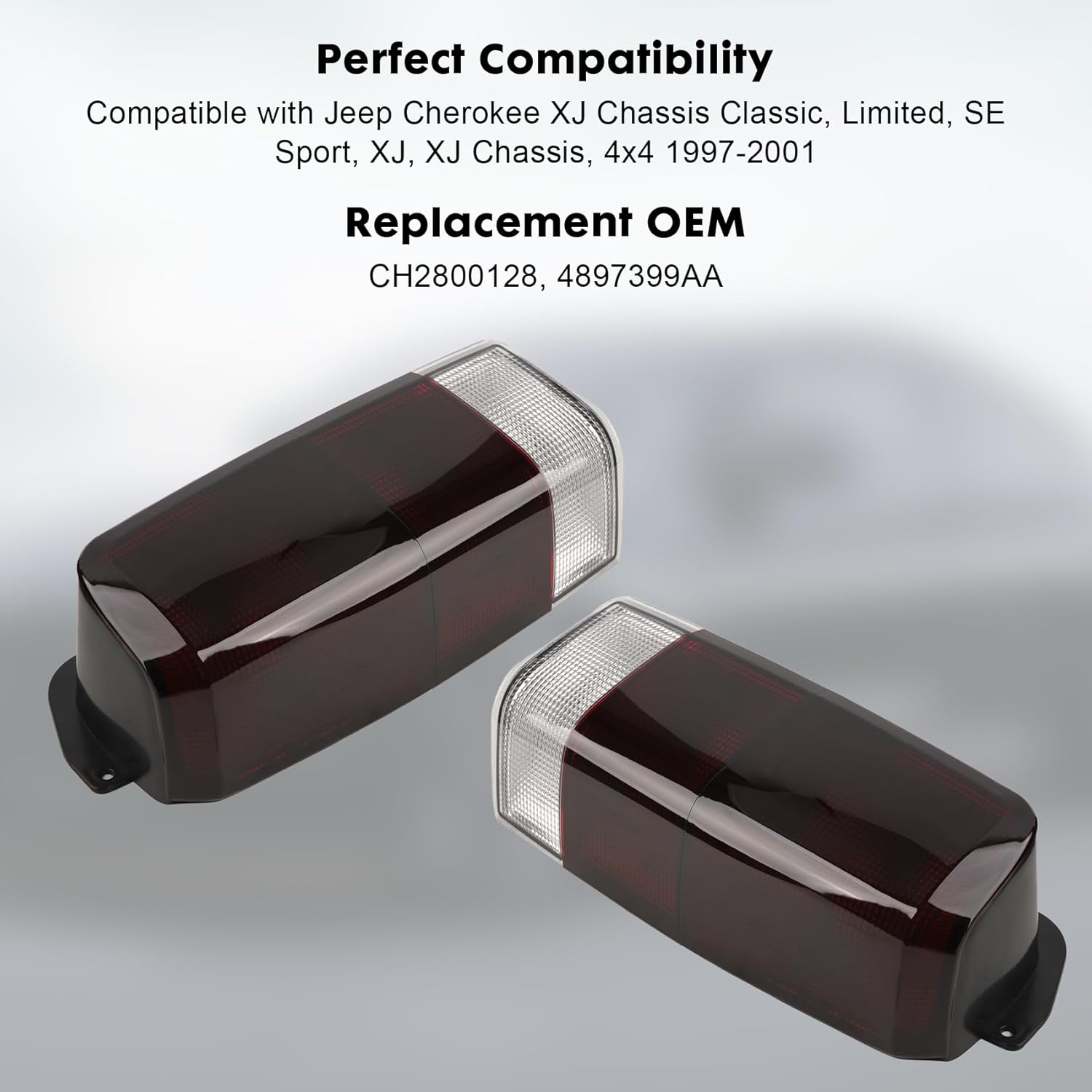 Rear Tail Lamp Housing CH2800128 4897399AA, Rear Brake Tail Light Lens and Housing Compatible with 1997-2001 Jeep Cherokee XJ Chassis (Left + Right, Red/Smoked)