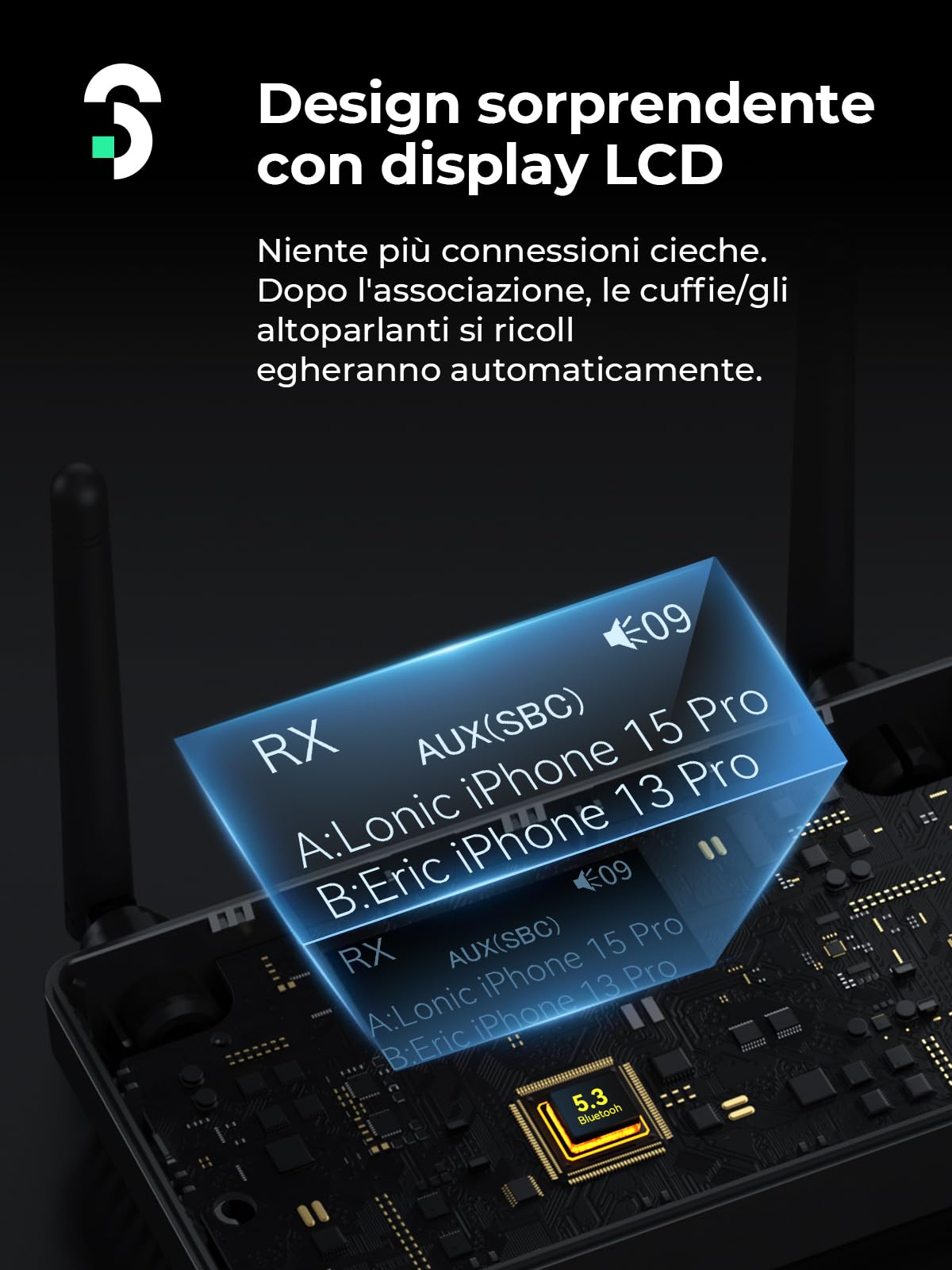 SOOMFON 3 in 1 Adattatore Audio Bluetooth 5.3, Trasmettitore/Ricevitore/Bypass Bluetooth 5.3 con doppia antenna & LCD Display 1.8 pollici, per TV, Cuffie, PC, HiFi, Casse, Aux/Ottico/RCA, Nero