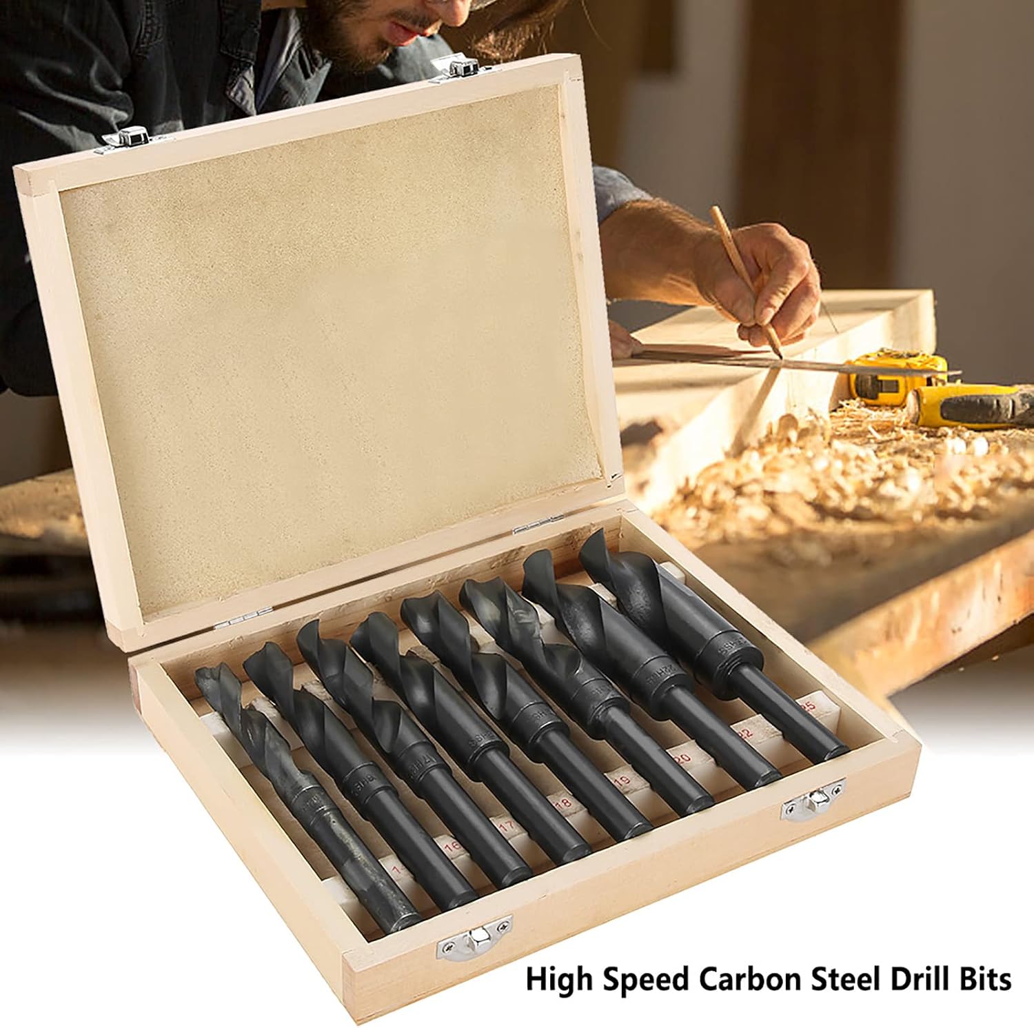 Drill Bits 8Pcs Lot High Speed Carbon Steel HSS Reduced Shank HSS Bits, Suitable for Most Metals, Packaged in Wooden Case, for Drilling Metal, Marble, and More