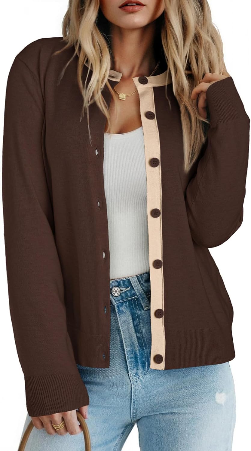 Dokotoo Women's Wool Button Down Lightweight Cardigans Long Sleeve Casual Crew Neck Cardigan Sweaters