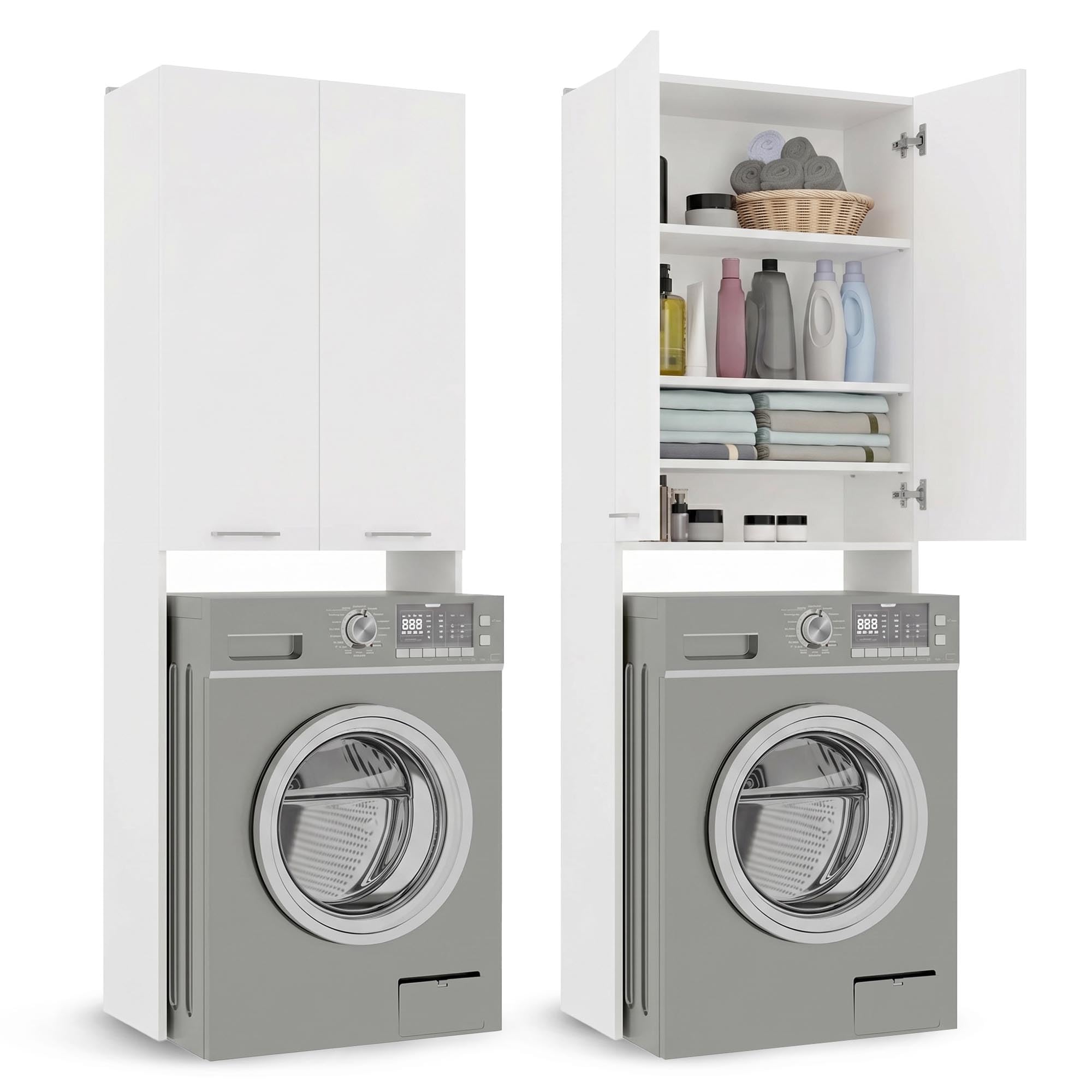 CDF Armadio per lavatrice Pola DD | Colore: Bianco | Armadio moderno sopra la lavatrice | Ripiani spaziosi | Montaggio facile | Lati lisci senza tappi terminali