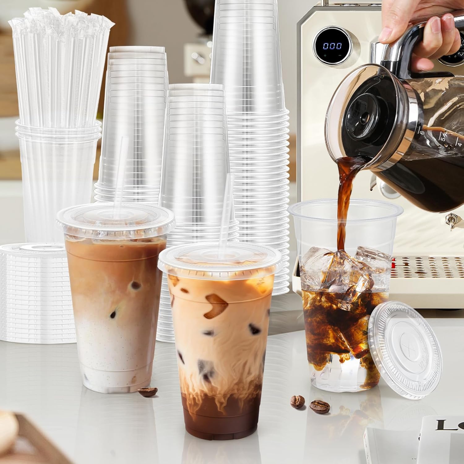 24 oz 100 Pack Plastic Cups with Lids and Straws, Sturdy Food Safe Iced Clear Coffee Cups Disposable Smoothie Cups for Cold Drinks - Image 6