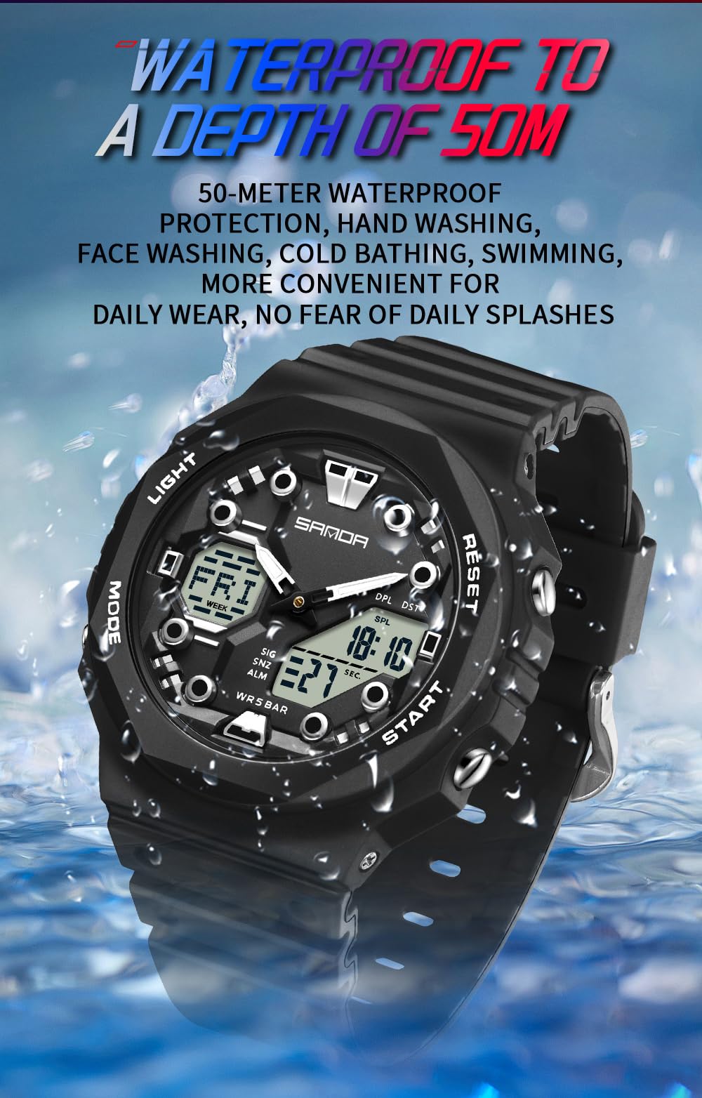 Gosasa Reloj deportivo digital unisex 5ATM, impermeable, táctico, analógico, digital, con cronómetro, alarma, retroiluminación LED, correa transparente, estilo militar para hombres y mujeres
