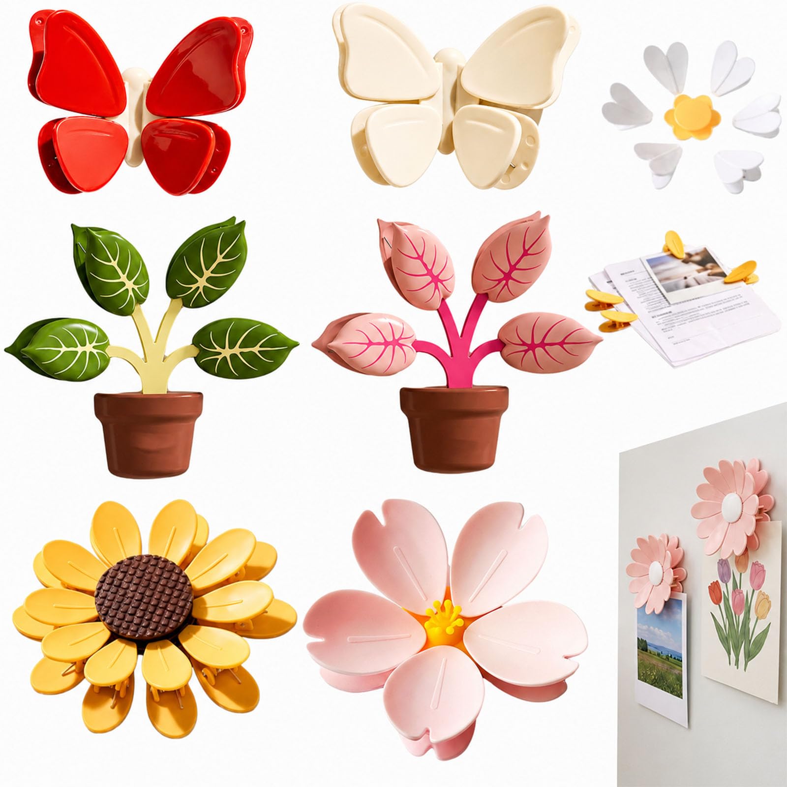 Cherry-Shaped Magnetic Food Clip Fridge Magnet, Sunflower-Shaped Magnetic Chip Clips, Flower Food Clips And White Bag Clips Set, Daisy Blossom Bag Clip (E SET)