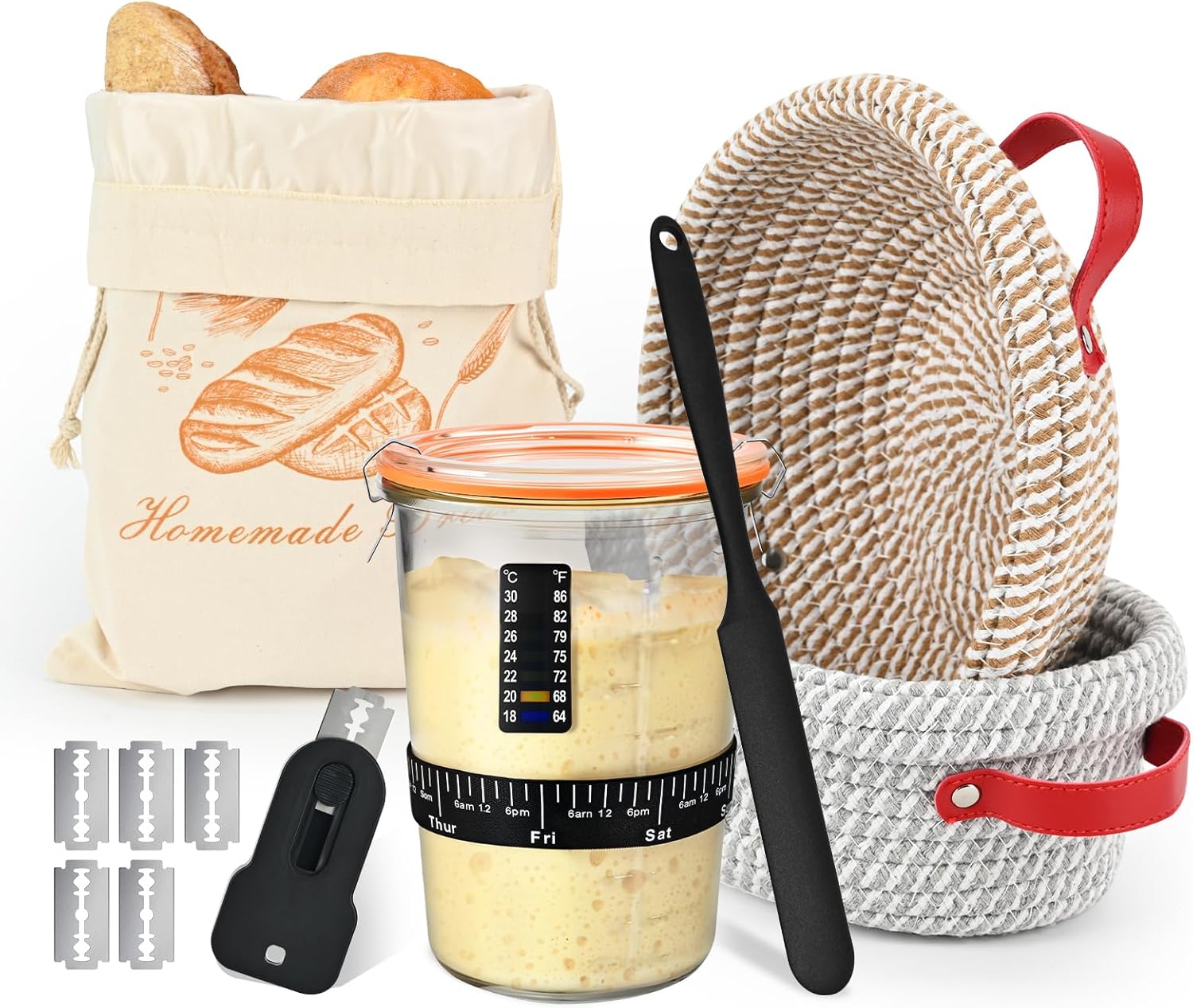 Sourdough Starter Kit, Bread Baking Supplies with Sourdough Jar 9" Round & 10" Oval Proofing Basket Magnetic Bread Lame Resuable Bread Bag, Breads Making Kit Sour dough Gifts for Bakers Women Wife Mom