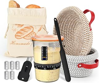 Sourdough Starter Kit Bread Baking Supplies Bread Making Kit at Home | Sour Dough Starter Kits with Sourdough Jar 9" Round & 10" Oval Proofing Basket Magnetic Bread Lame Resuable Bread Bag