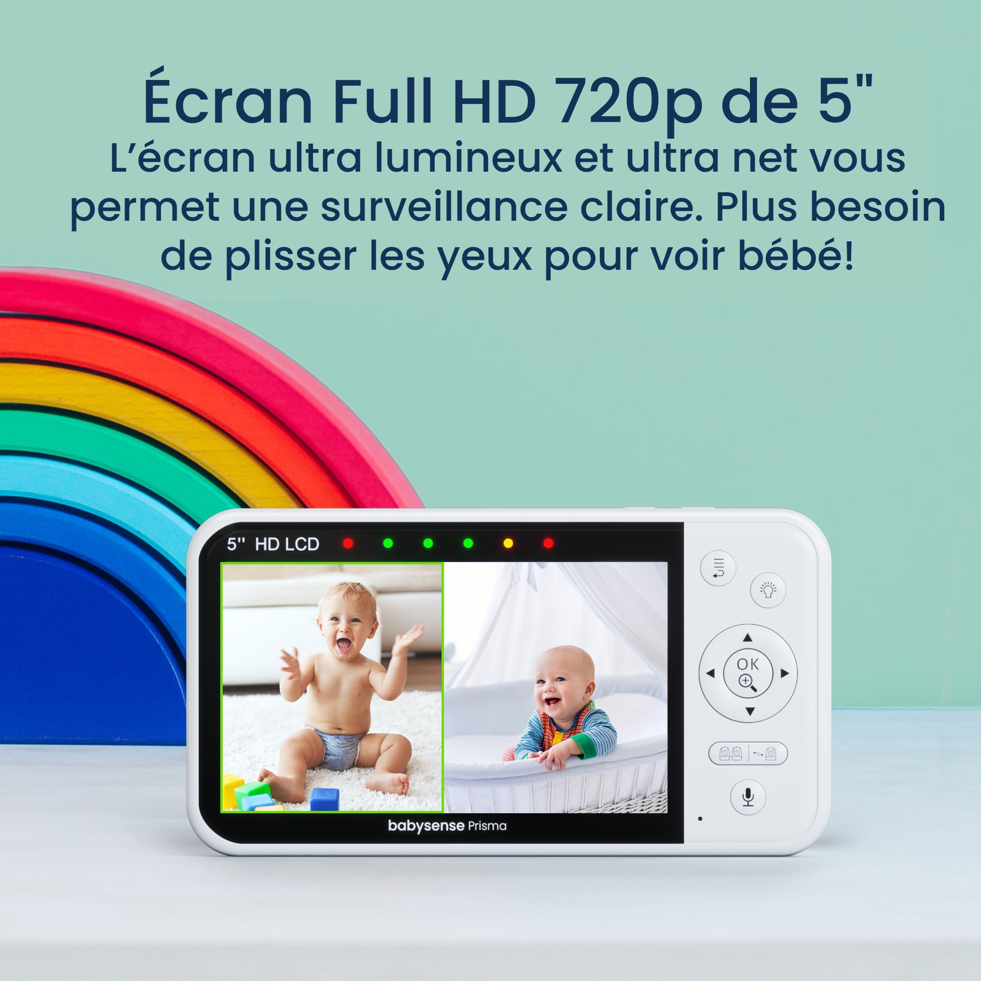 Babysense Prisma Babyphone avec Caméra et Audio, Babyphone Vidéo HD 5", Veilleuse 6 Couleurs, Écran Divisé, Machine à Son pour Bébé avec Bruit Blanc et Berceuses, sans WiFi