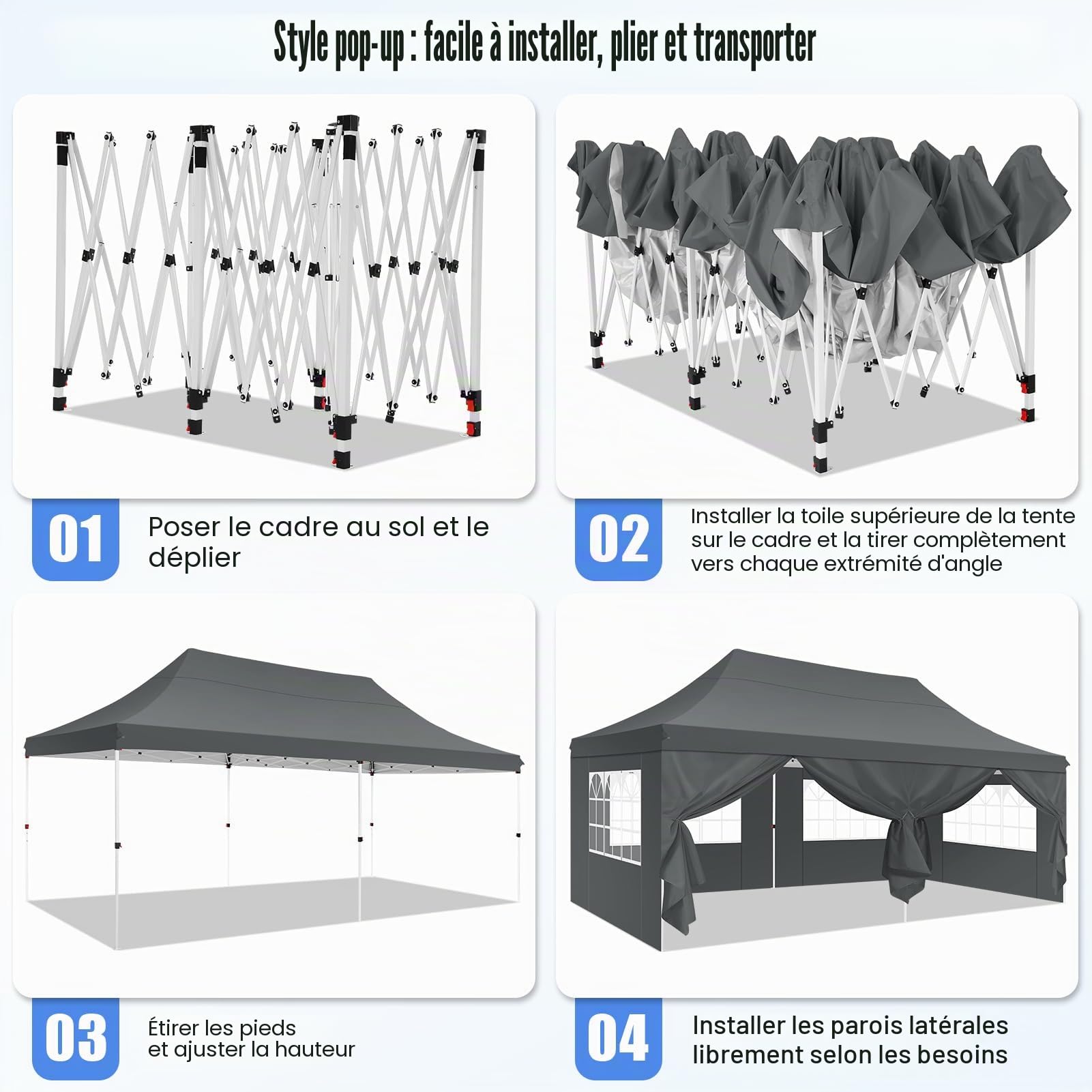 COBIZI Tonnelle Pliante 3x6m Tonnelle de Jardin Imperméable Barnum Pliant avec 6 Parois Latérales UV Protection 50+ Tonnelle de Jardin pour Plage,Mariage,Camping, Gris