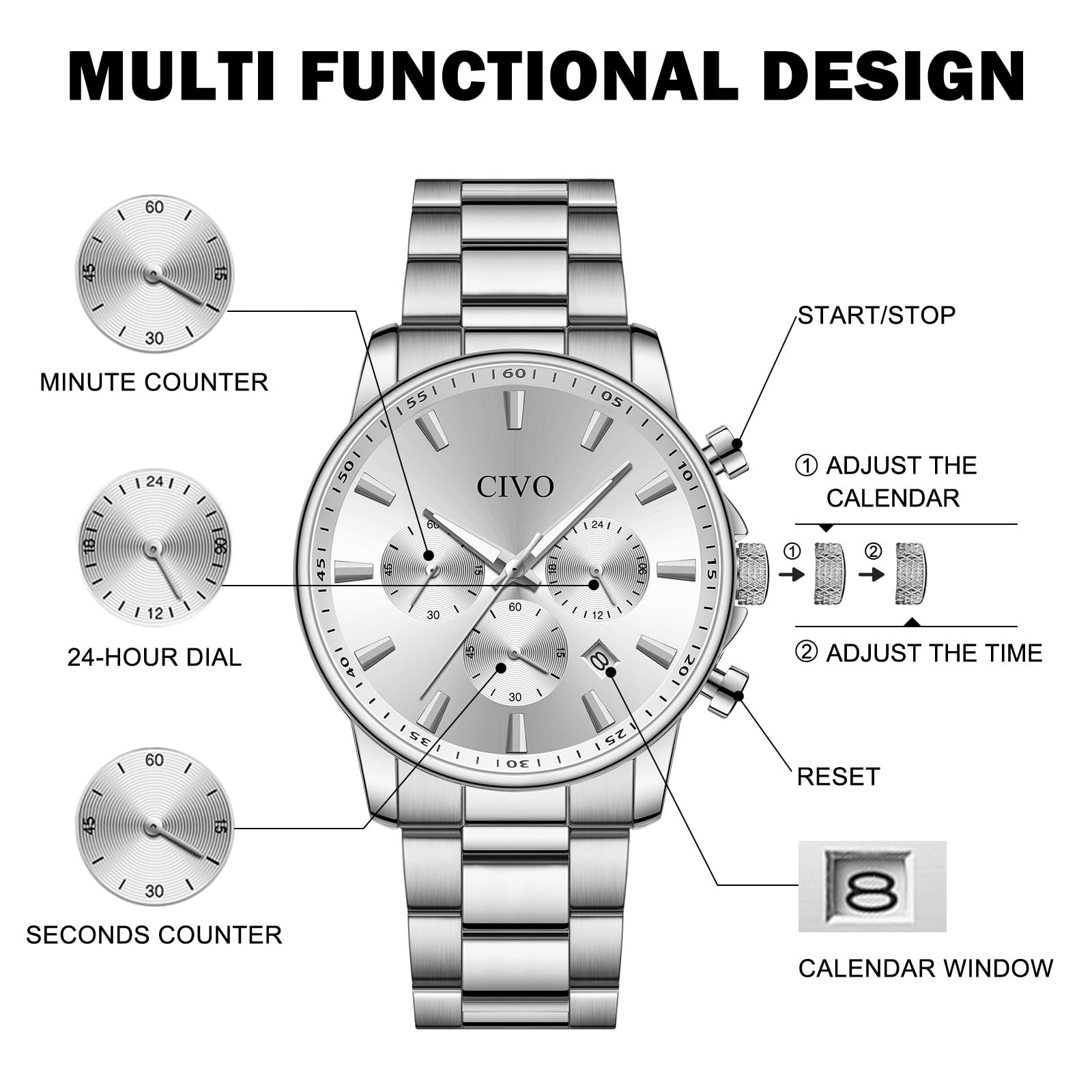 CIVO Orologio Uomo Acciaio Analogic Impermeabile Sportivo Cronografo Data Elegante