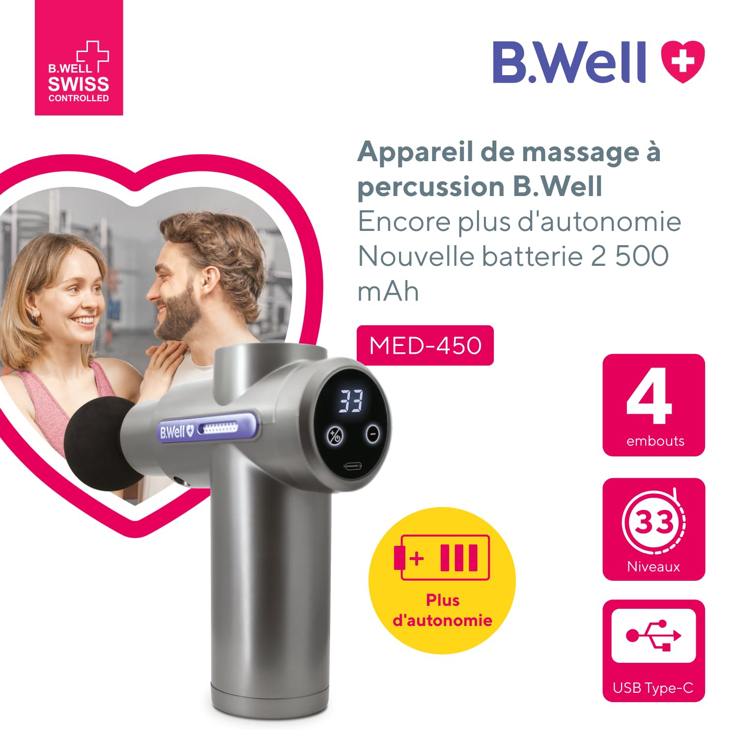 B.Well Swiss MED-450 Nouvelle Génération – Pistolet de Massage Musculaire à Percussion, Massage Profond, 33 Vitesses, 4 Embouts, Récupération Sportive, Batterie 2 500 mAh