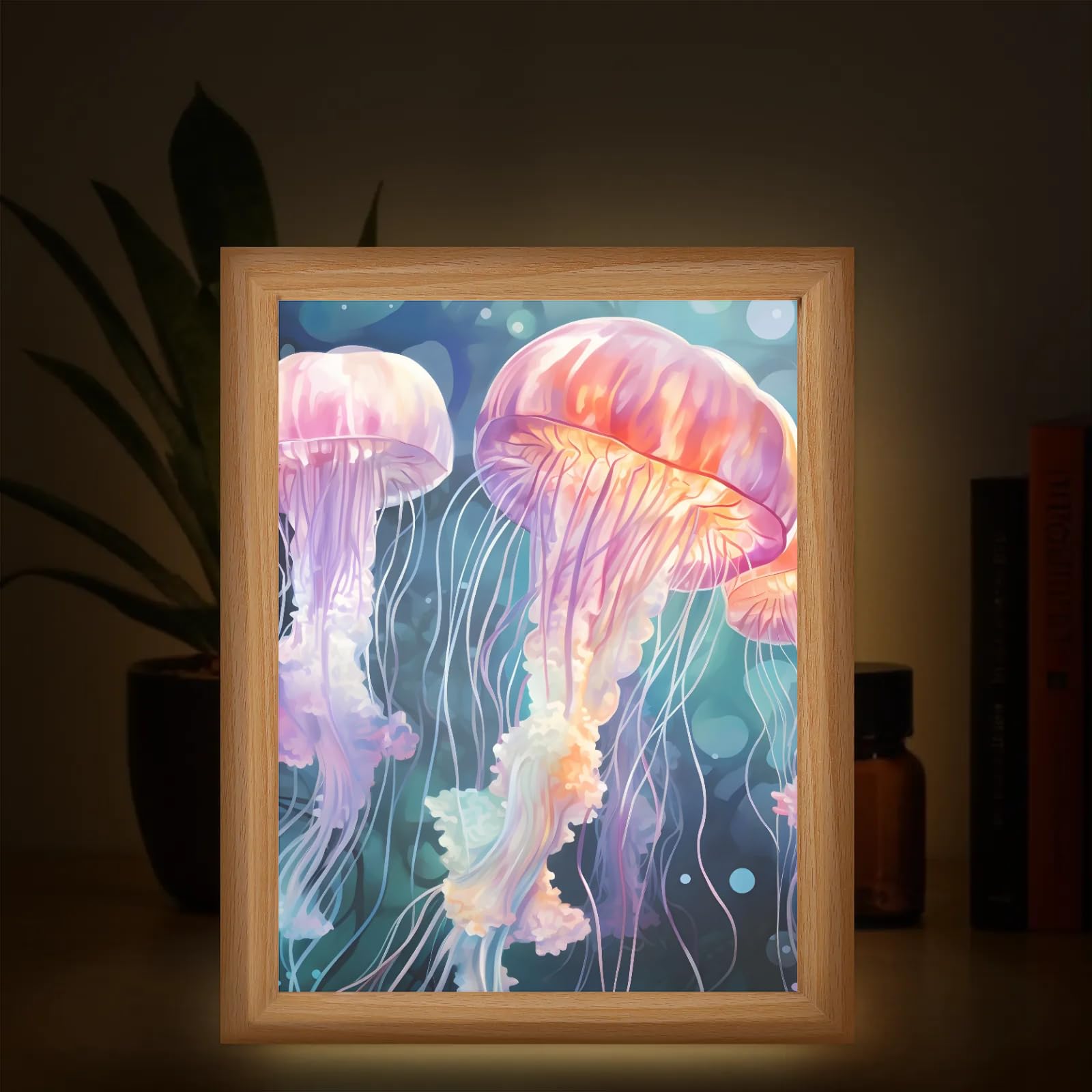 Light Up Painting, Magical Jellyfish Wall Art Picture Light Glowing Jellyfish Light Up Art Frame, 10 Brightness USB Powered 3 Lighting Modes, Anxiety Relief Gift for Bedroom Home-Without Acrylic Panel