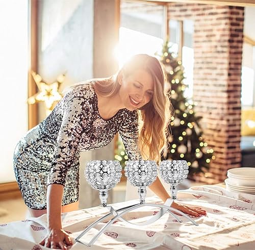 Miniatura 2 de Portavelas de cristal plateado con 3 mechas, portavelas votivas únicas para centro de mesa, decoración de mesa para comedor, sala de estar, fiesta