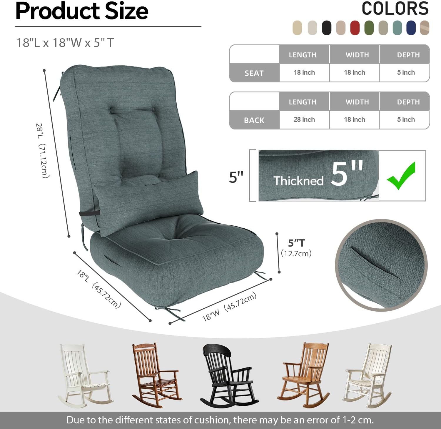 Rocking Chair Cushions with Pillow, Waterproof and Fade-Resistant Thicken Durable Tufted Chair Pads for Rocker Furniture with Ties for Indoor, Outdoor, Porch Garden, 18"x18"x5", Haze Green