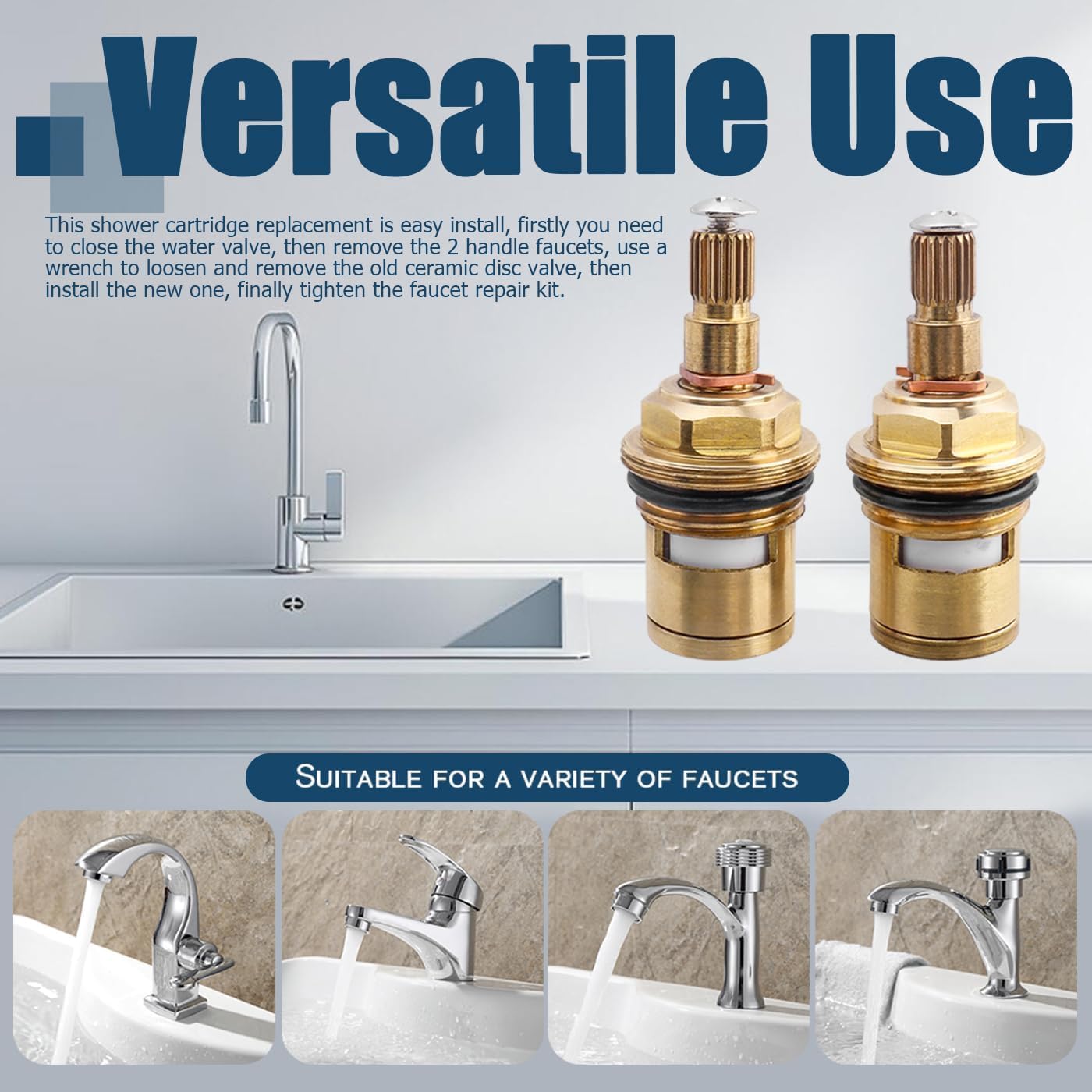 2PCS Bestgle Tap Valves Replacement Brass Ceramic Disc Cartridge - Hot & Cold Faucet Valve for Kitchen and Bathroom - 1/2" Quarter Turn G1/2" Thread