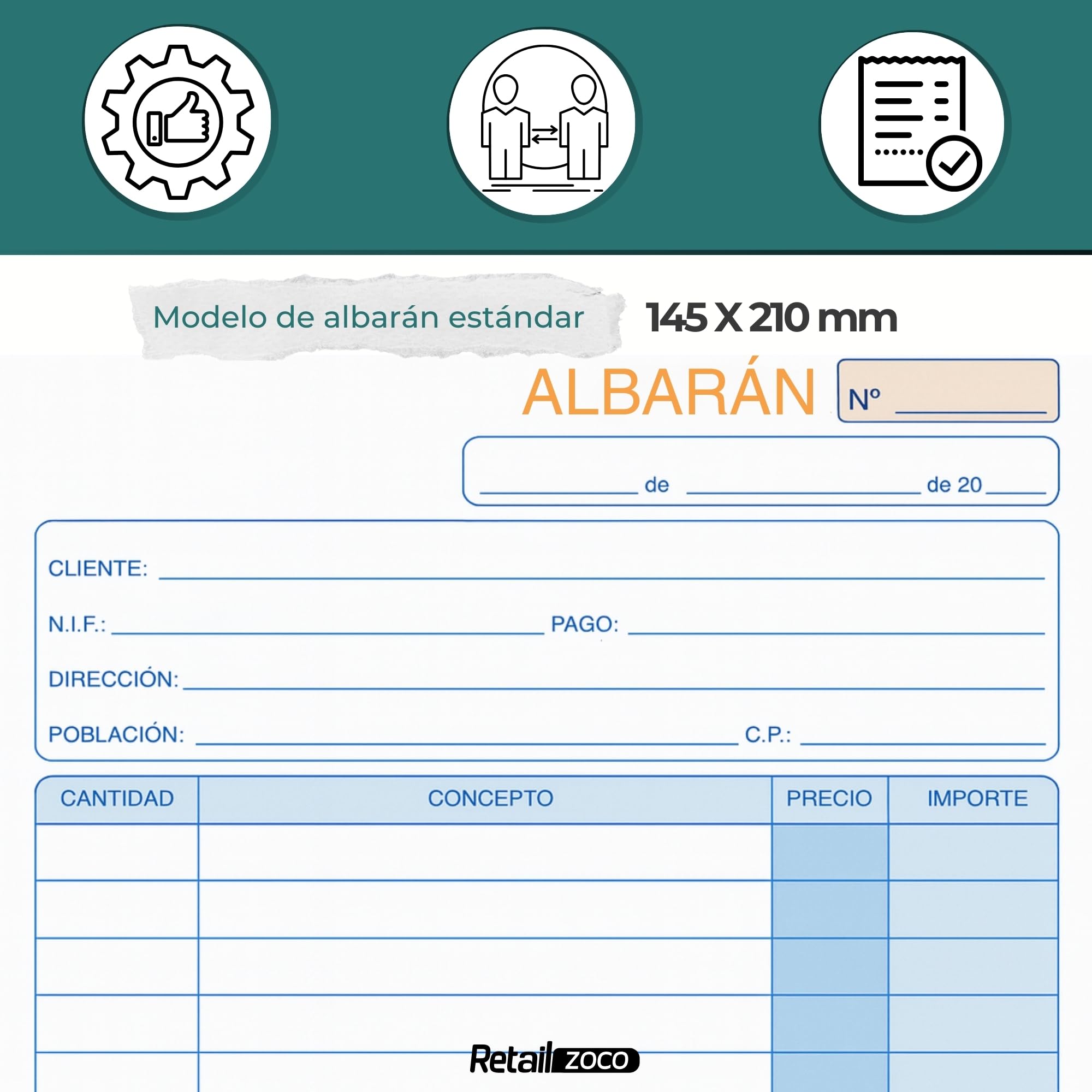 Talonarios albaranes, Libreta de albaran, Talonario para autonomos, 70 hojas, 35 juegos original + copia, autocopiativo, Matriz de corte, Tamaño 210x145 mm, Pack de 6 talonarios - imagen 3