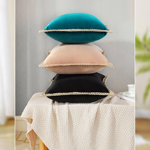 Miniatura 5 de AmHoo Paquete de 2 fundas de almohada decorativas de terciopelo para granja, de arpillera, lino natural, con bordes recortados, para sofá,