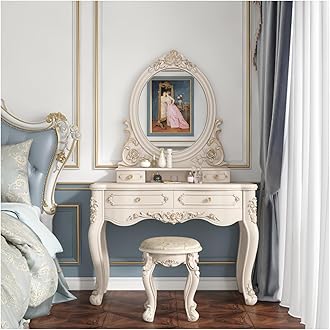 HEBEHO Victorian White Vanity Desk 80cm, Baroque Makeup Table with Drawers and LED Oval Mirror, Upholstered Stool, Dressing Table for Princess Women Girls