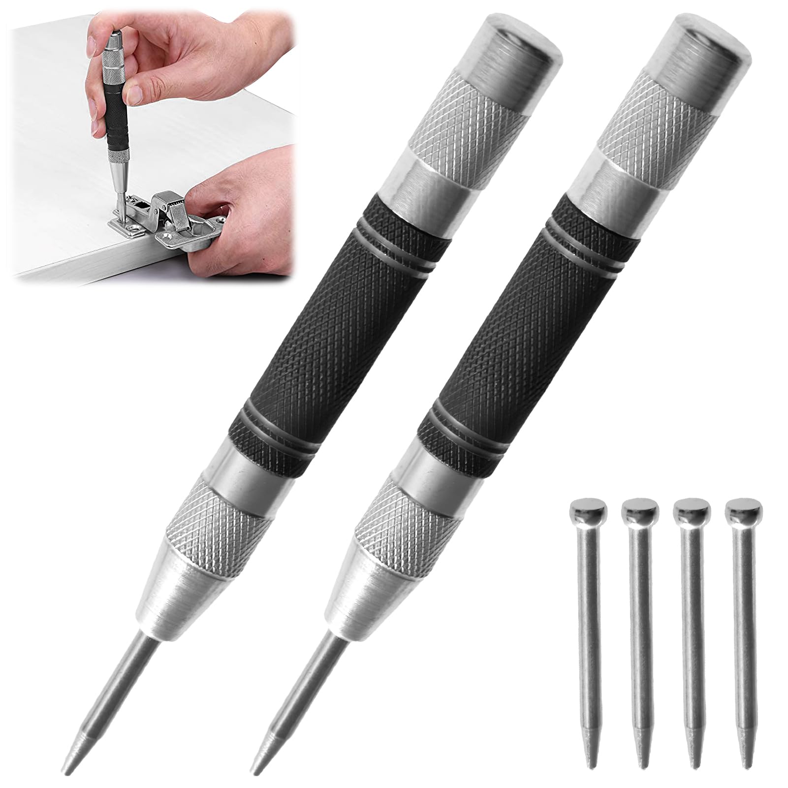 2 Piezas Punzón Central Automático de Alta Resistencia, Herramienta de Marcado con 4 Puntas de Repuesto, Tensión Ajustable, Ideal para Metal, Madera y Vidrio, 13 cm de Largo