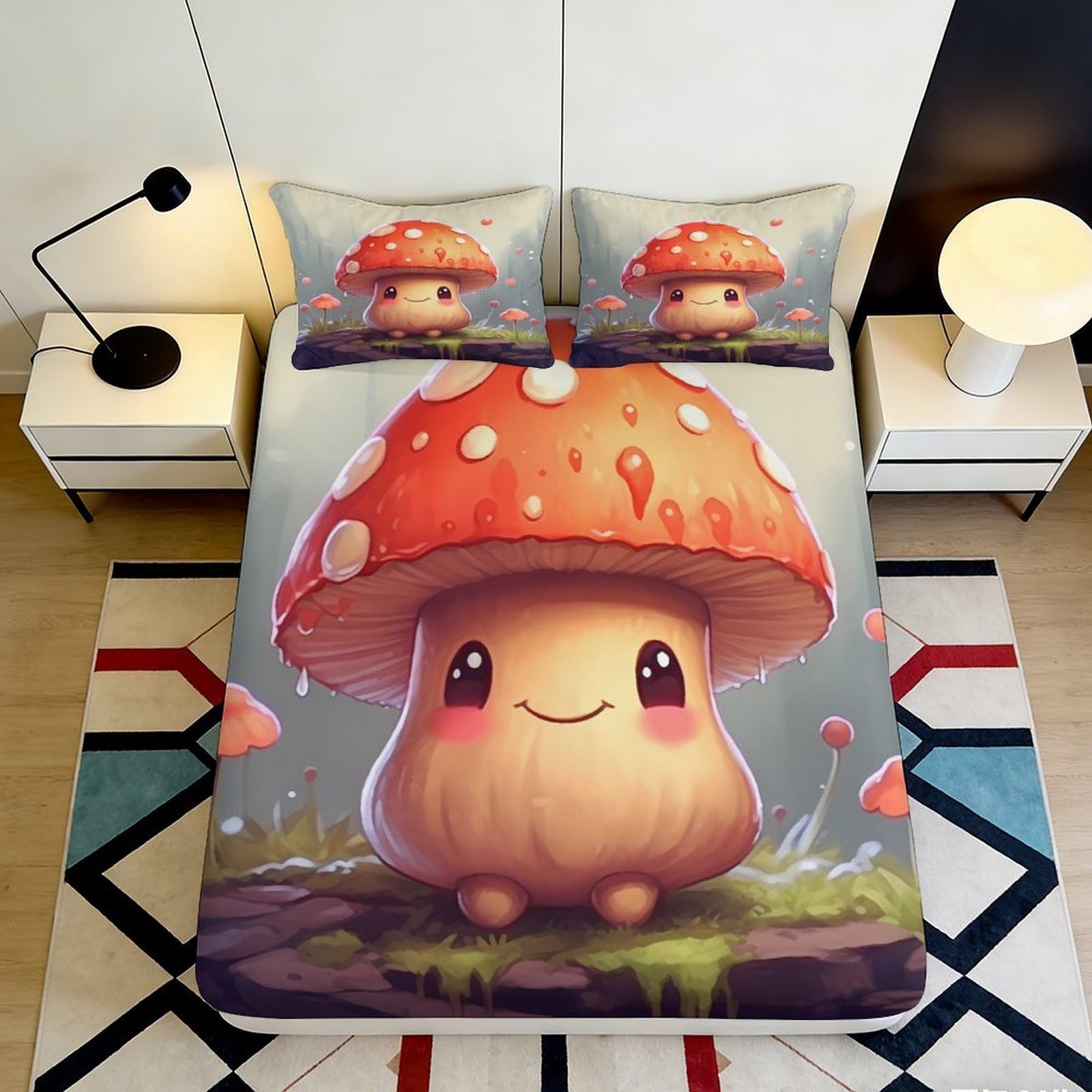 3D Printed Cute Mushroom Fitted Sheet Microfiber Soft Breathable Cartoon Mushroom Bed Cover for Bedroom Dormitory Guest Room Mattress Protection 180x200x25cm
