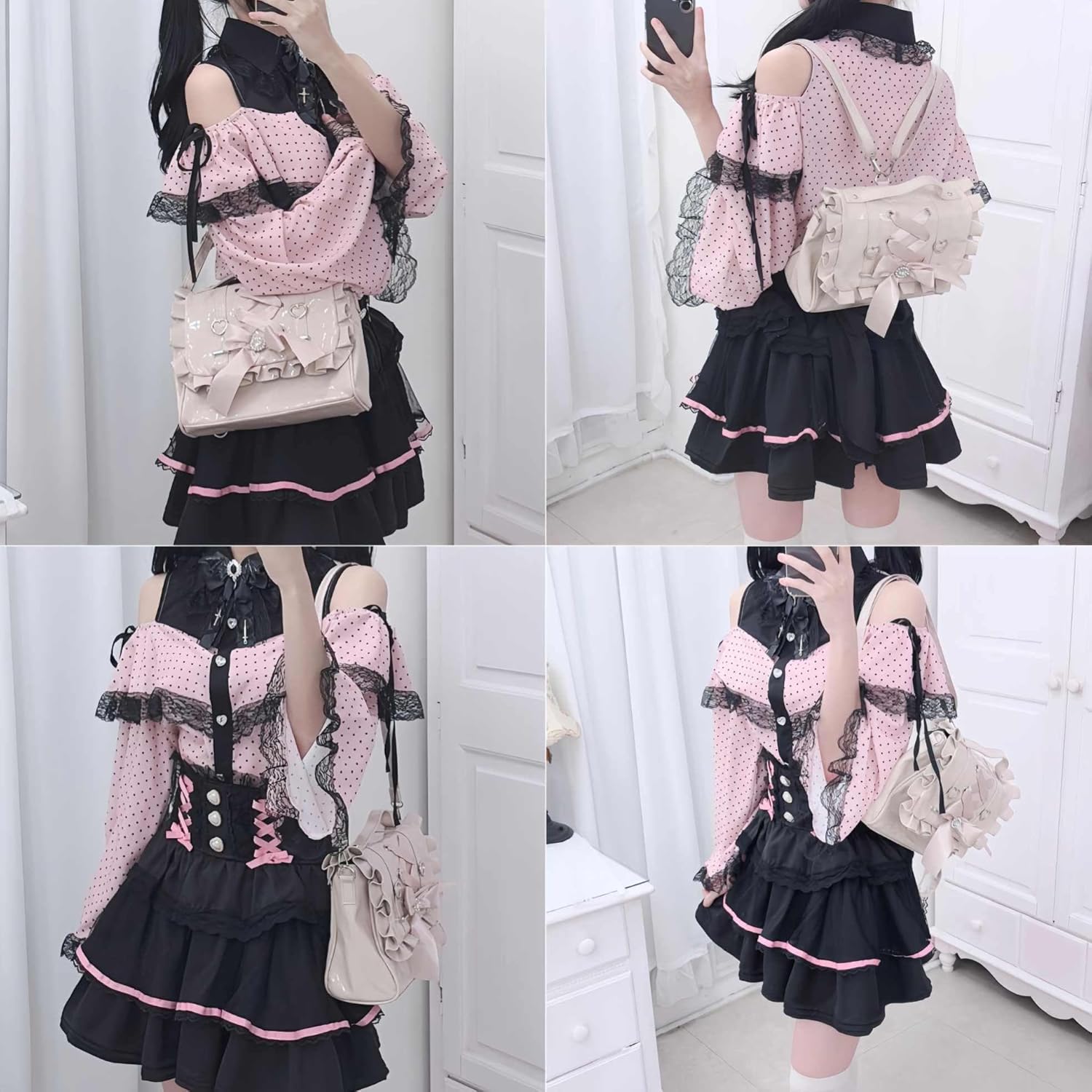 Bow Purse Cutecore Backpack, Satchel Crossbody Japanese Bag with Ruffle, Jirai Kei Coquette Shoujo Girl Gothic Lolita Fashion