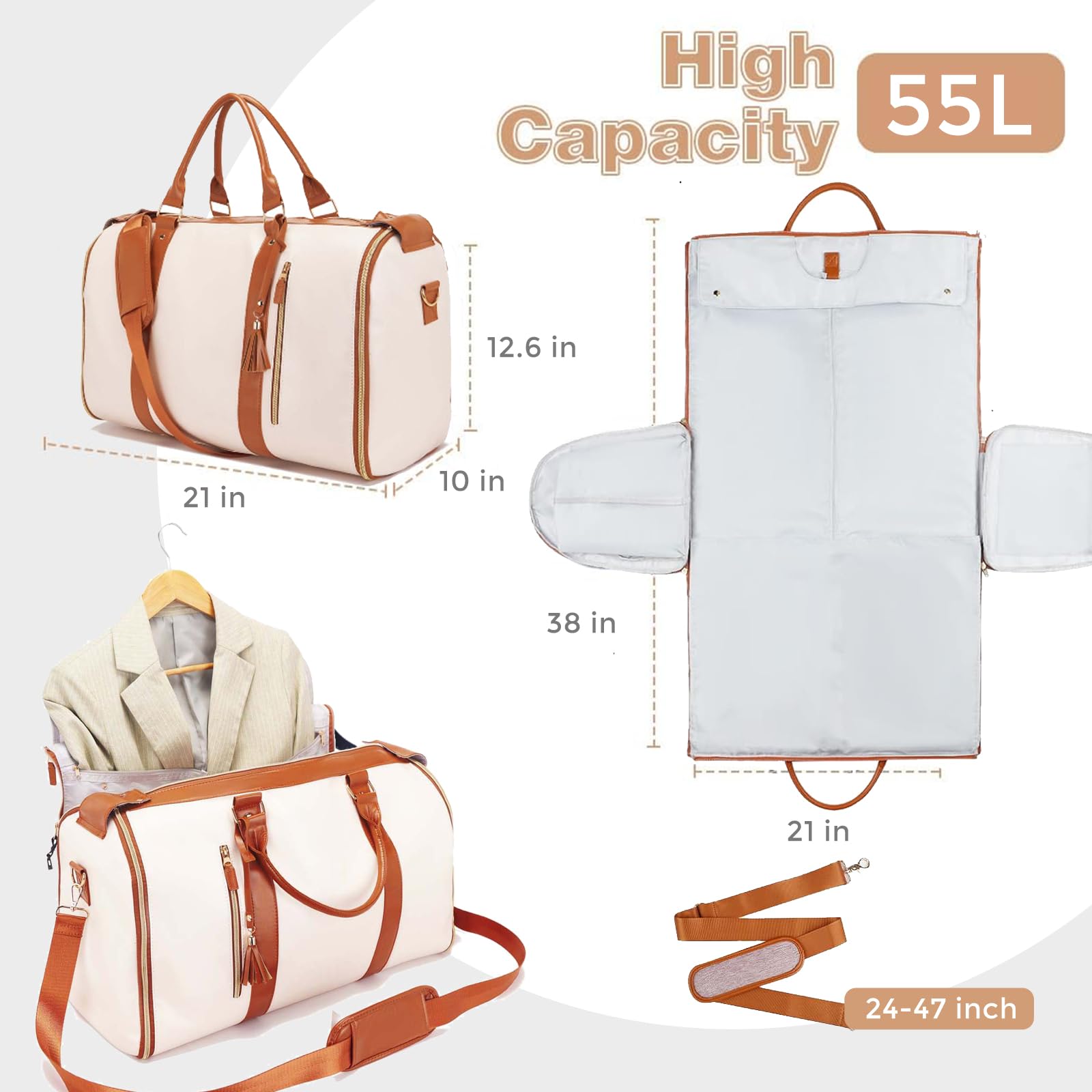 Sac à Vêtements,Sac De Voyage Pour Costume,Grand Sac De Voyage En Cuir PU Pour Femmes Et Hommes,Sacs à Vêtements Imperméables Pour Voyage Avec Poche à Chaussures Intégrée,Valise Suspendue 3 En 1,Blanc