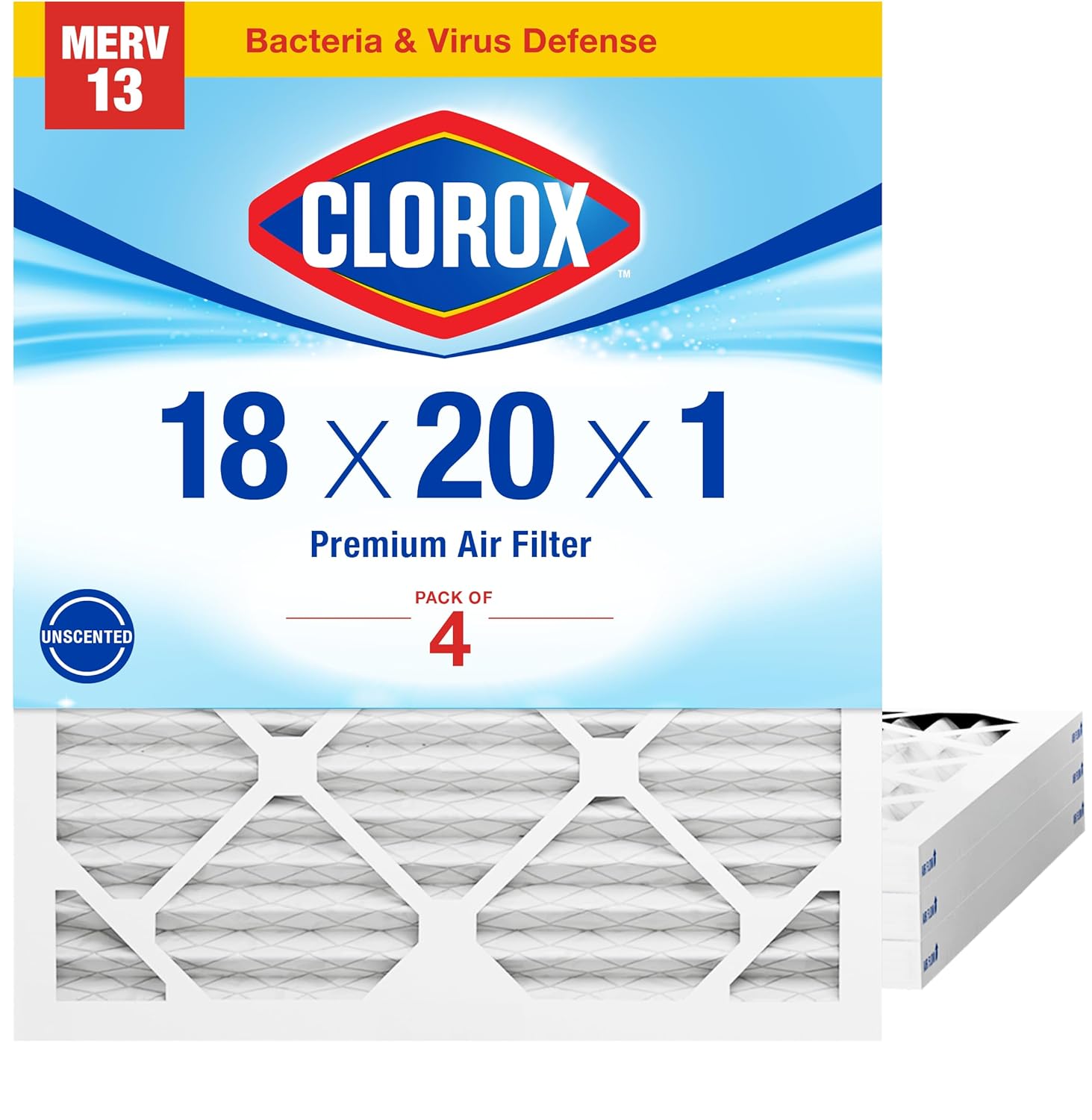 Clorox 18x20x1 Air Filter, MERV 13 Pleated HVAC AC Furnace Air Filters for Allergies, Pet Dander, Smoke and more, MPR 1500 & FPR 10 – Pack of 4