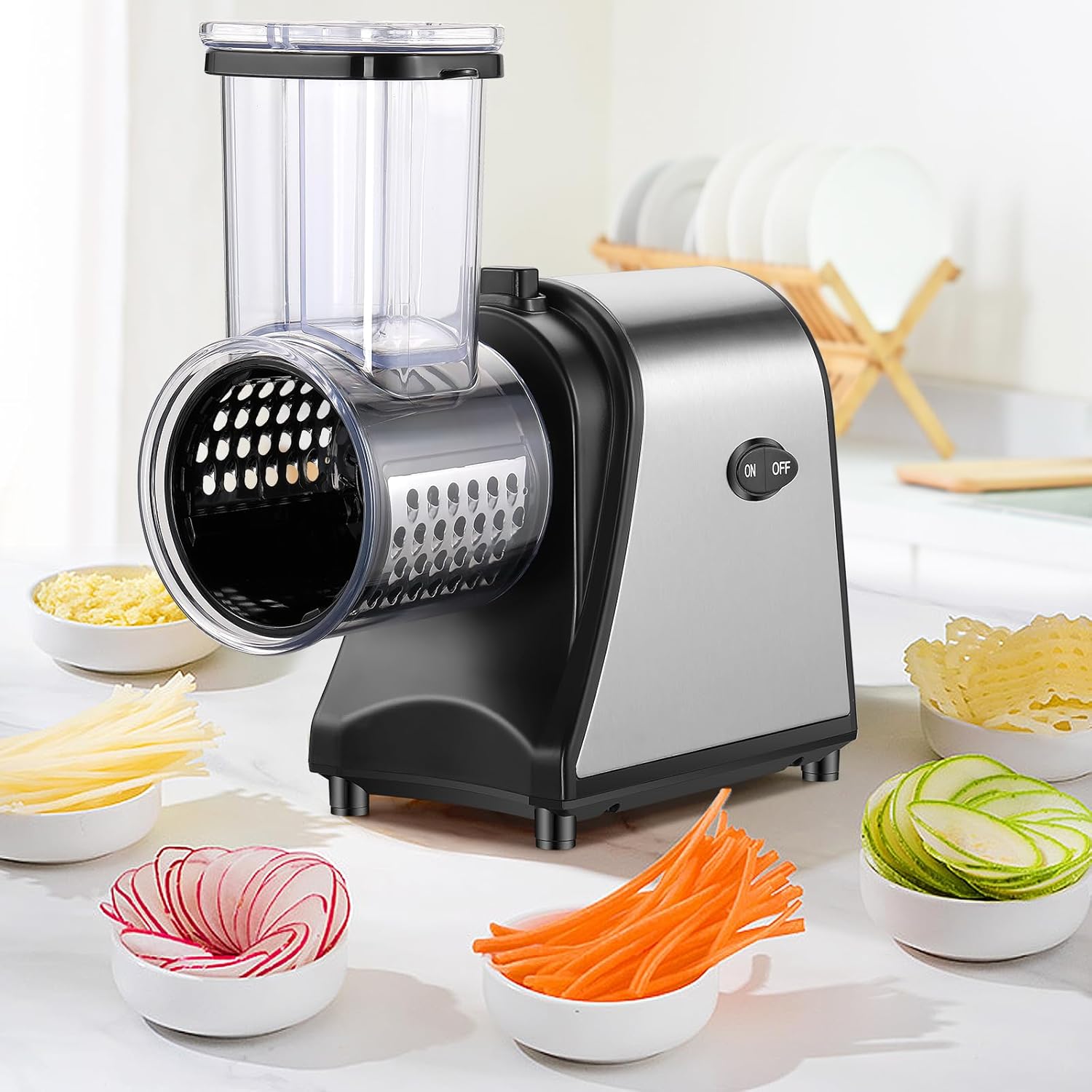 250W Electric Slicer Grater Salad Maker, Electric Cheese Grater/shredder with 5 Free Attachments Electric Salad Machine Extra Large Feed Port Upgraded