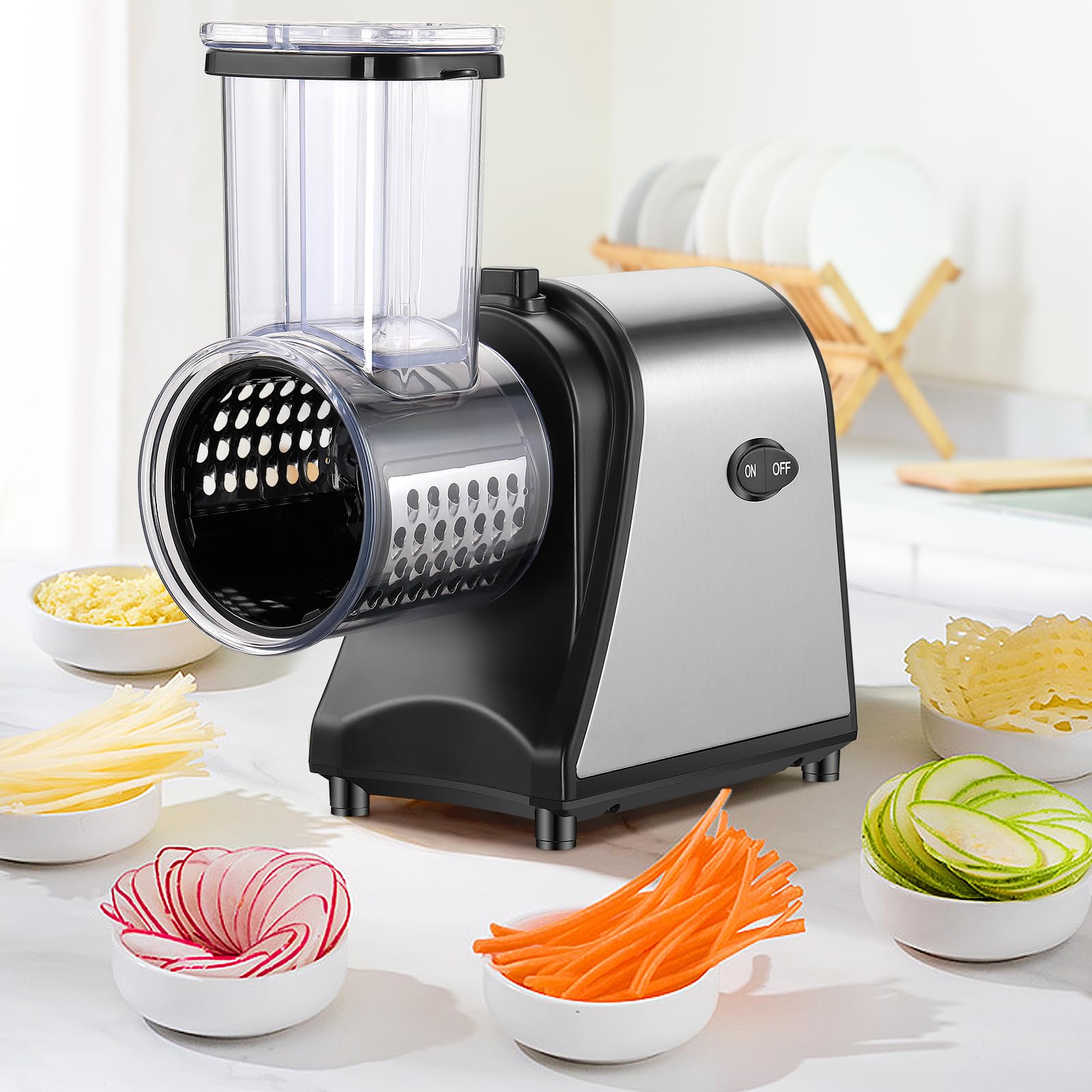 250W Electric Slicer Grater Salad Maker, Electric Cheese Grater/shredder with 5 Free Attachments Electric Salad Machine Extra Large Feed Port Upgraded