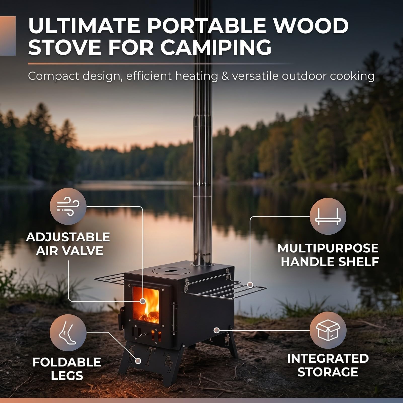 AMONIDA Fornello a Legna Portatile Design Regolabile per Cucinare All'aperto Viaggi in Campeggio Resistente Acciaio Al Carbonio 35,6 X 30 X 20,5 Cm