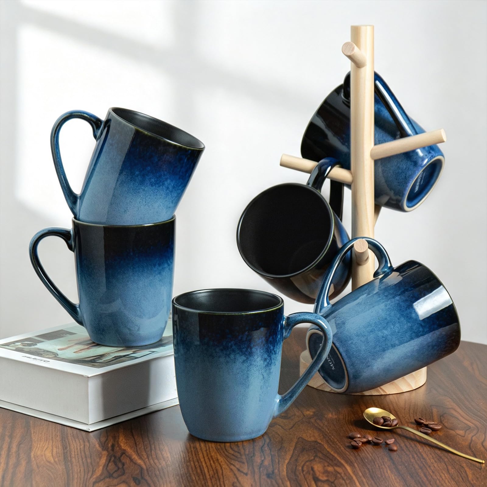 MONITO Zestaw 6 kubków do kawy, duże ceramiczne kubki do kawy, nowoczesne, z uchwytem, do herbaty, latte, cappuccino, mleka, kakao, zabawne kubki do herbaty do biura i domu, prezenty zaręczynowe